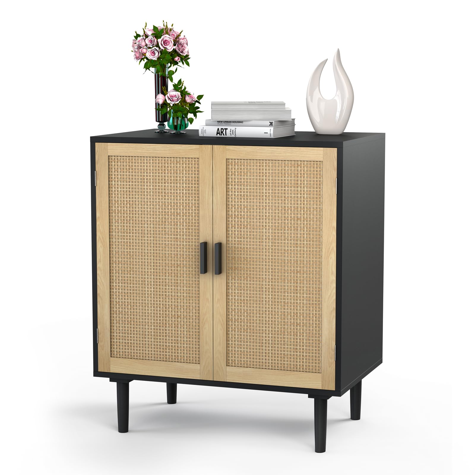 Rattan Sideboard Buffet Cabinet - Stylish Kitchen Storage Dresser with Rattan Doors, Cupboard Console Table for Living Room, Dining Room & TV Stand in Black - Perfect for Home Decor and Organizing Essentials