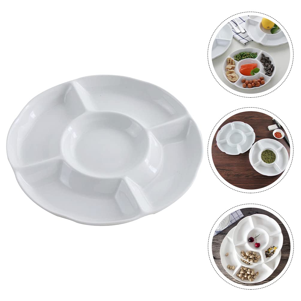 DOITOOL 12-Inch Round Melamine Divided Serving Platter - 6 Compartment Appetizer Tray for Chips, Dips, Veggies, Candy & Snacks - Perfect for Parties, BBQs, Picnics & Entertaining