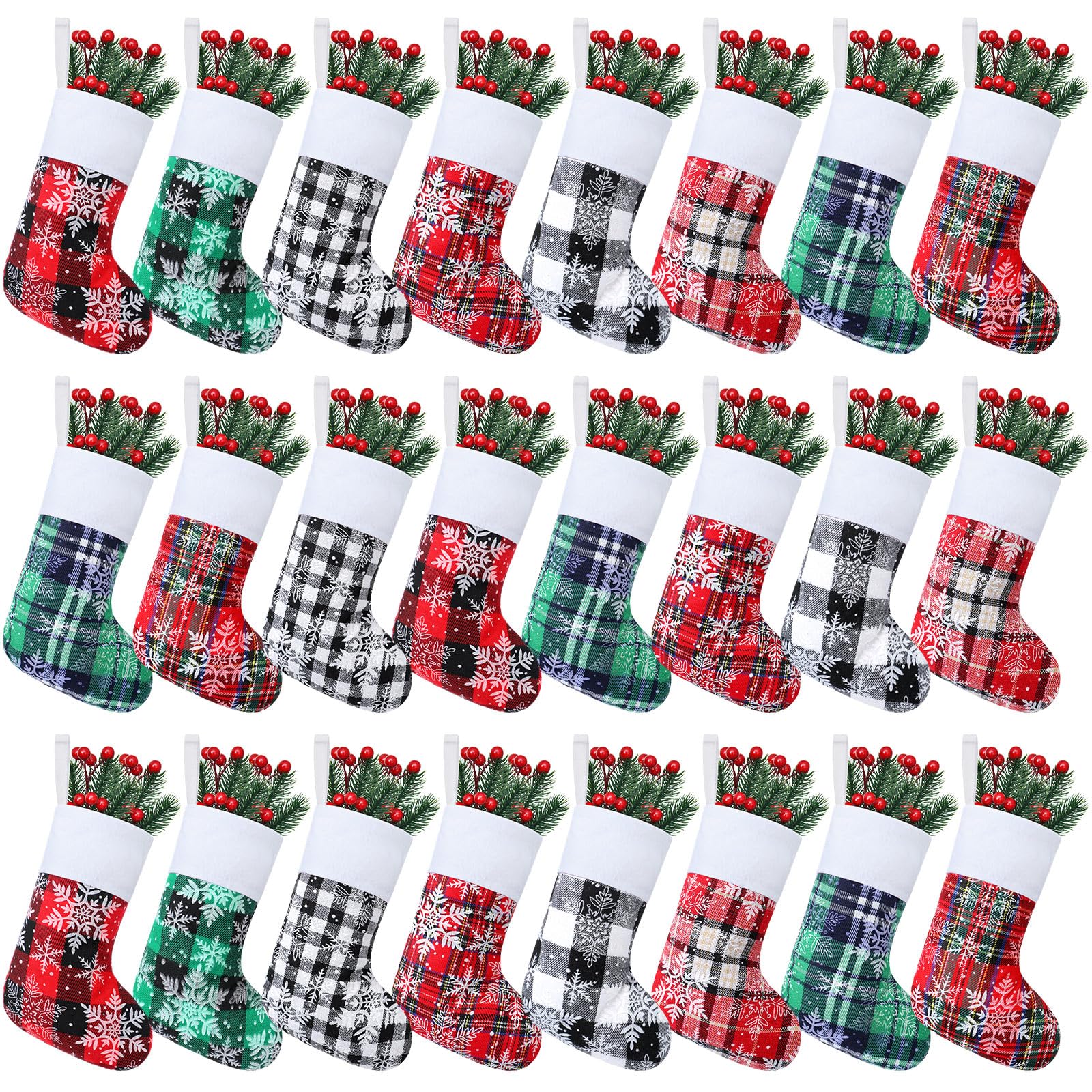 Skylety 24 Pcs Christmas Stockings Bulk - Plush Cuff Small Buffalo Plaid Holiday Stockings for Fireplace Decor, Xmas Party, Tree Hanging - Traditional Rustic Style with Snowflake Design (Multicolor)