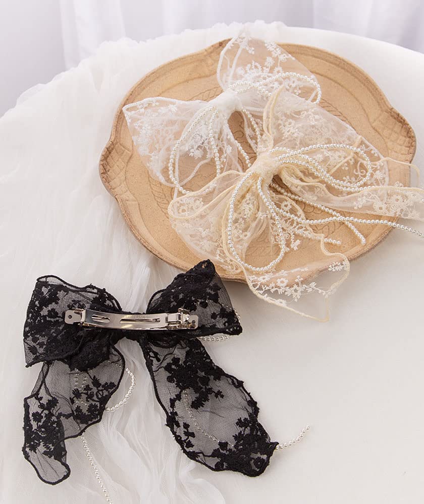 3-Piece Lace Bow Pearl Chain Hair Clips - Flower Embroidery Non-Slip Barrettes for Women & Girls (White/Beige/Black) | Perfect for Weddings, Parties & Everyday Hair Accessories
