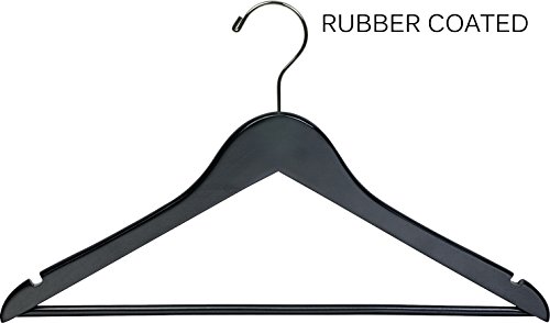 Premium Black Rubberized Wooden Suit Hangers - Solid Wood Bar with Flat Rubber Coating, Chrome Swivel Hook & Notches (Set of 50) by The Great American Hanger Company - Perfect for Closet Organization, Retail Stores & Luxury Garment Care