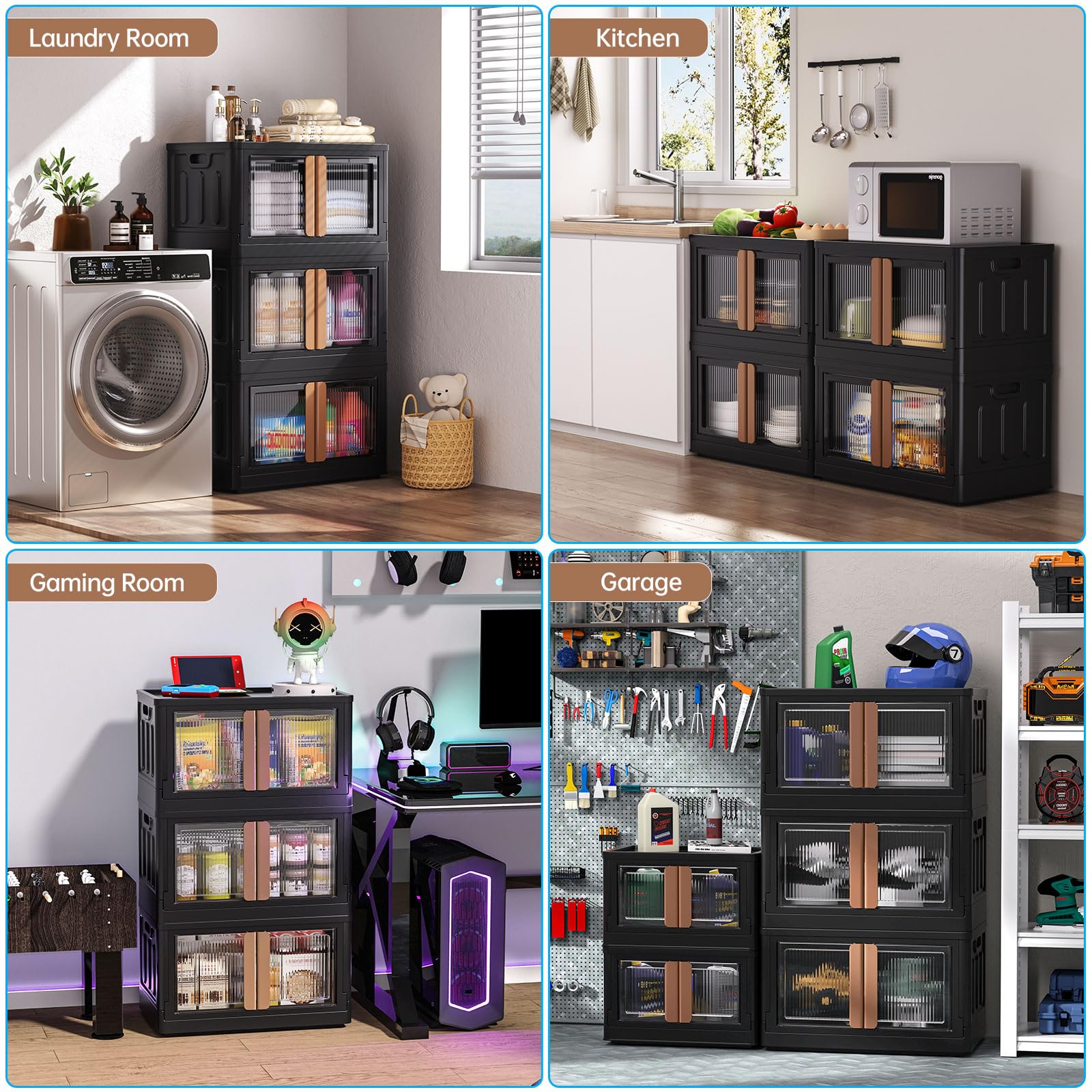 HAIXIN 8.4 Gallon Foldable Storage Bin with Lid - Stackable Plastic Storage Container for Closet, Garage, Office & Craft Organization | Black Collapsible Cube Box | Perfect for Home Storage, Seasonal Decor & Toy Organization (1 Pack)
