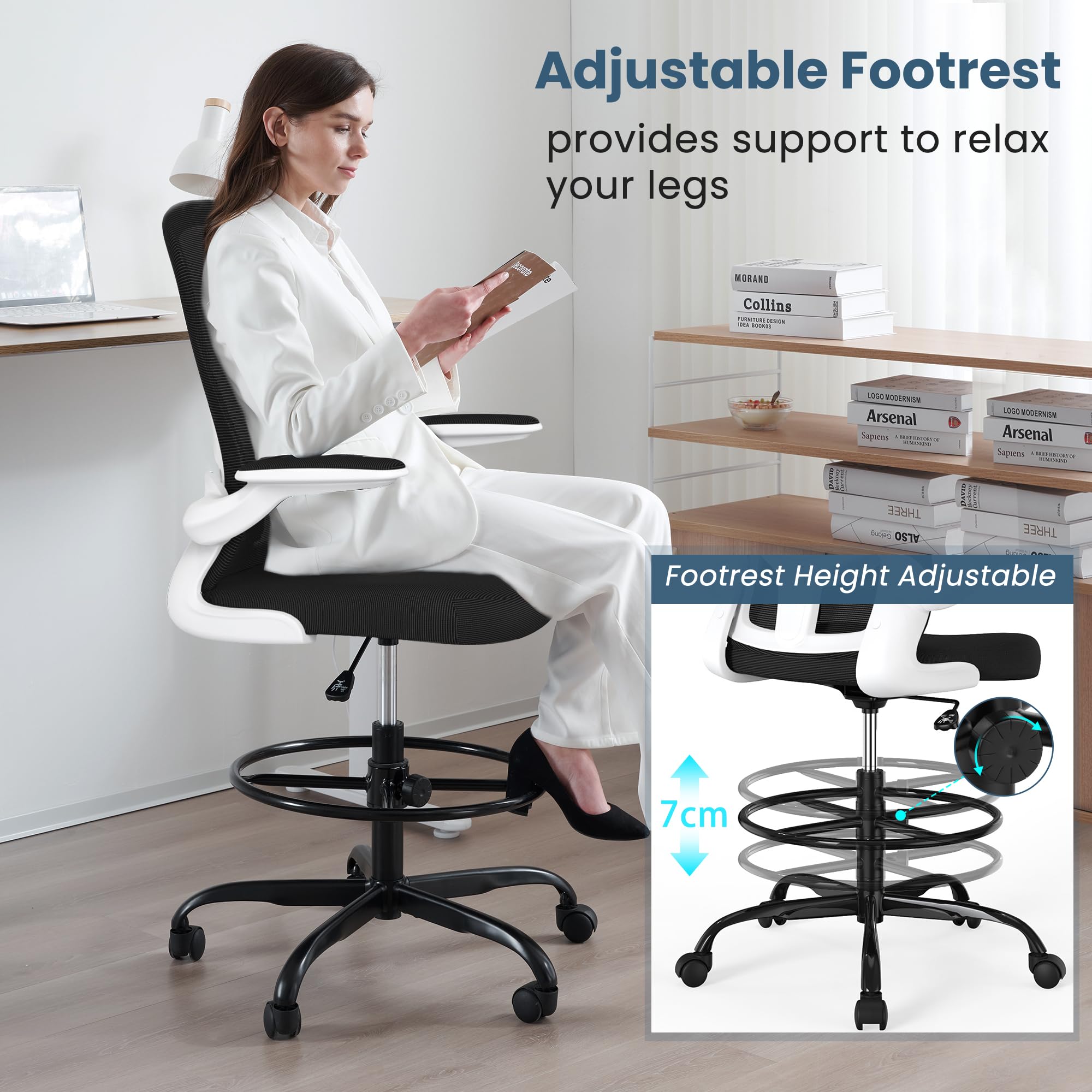 Ergonomic Drafting Chair with Flip-Up Armrests & Adjustable Footrest - Tall Office Chair for Standing Desks - Executive Computer Chair with Lumbar Support - Perfect for Architects, Designers & Home Office Workspaces