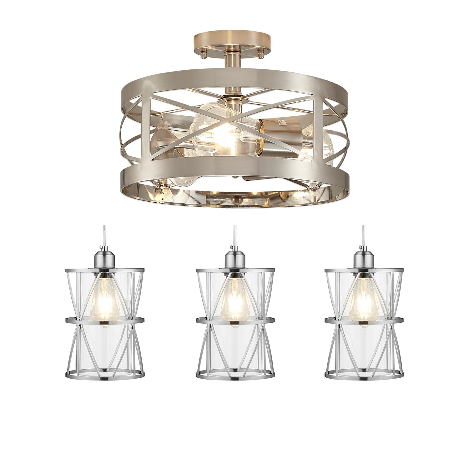 Modern 3-Light Semi Flush Mount Ceiling Light Set with Clear Glass Cylindrical Pendant Lights - Brushed Nickel Finish for Living Room, Bedroom & Dining Room Lighting