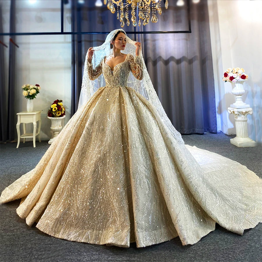 Elegant Full Beaded Wedding Dress with Long Sleeves | High-Quality Bridal Gown for Church Ceremony & Formal Reception