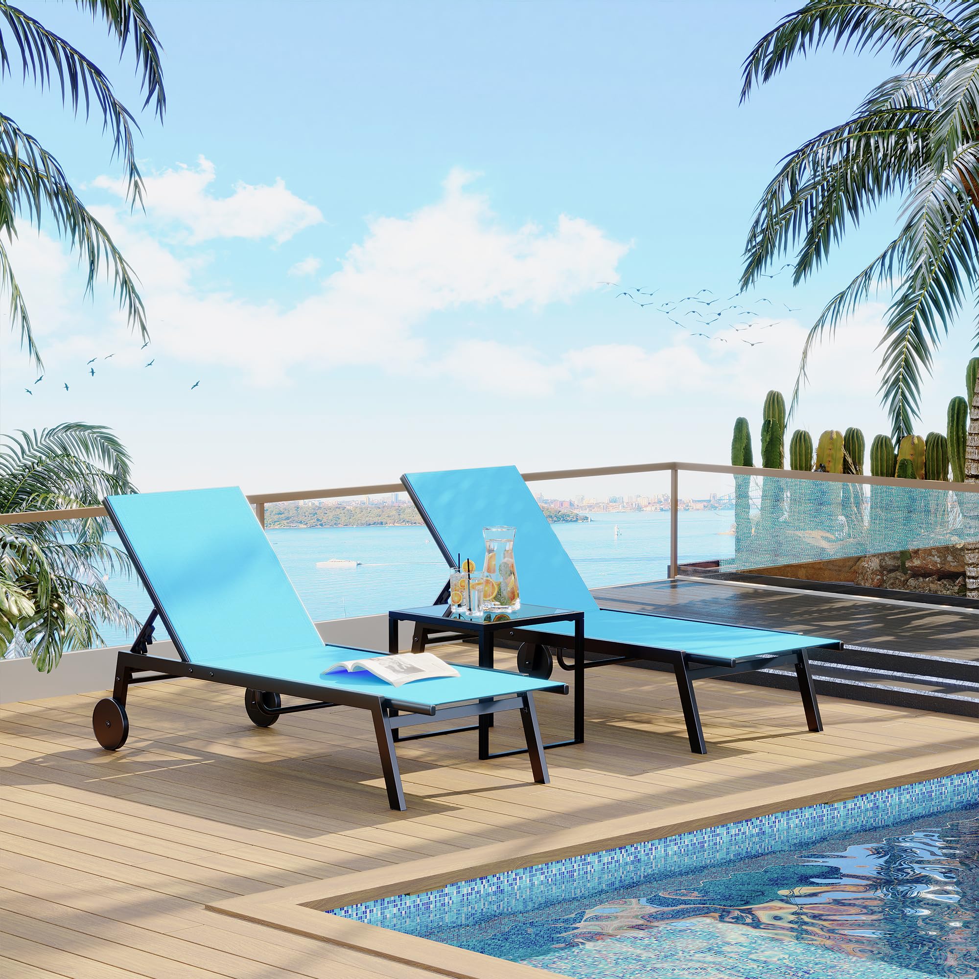 GARVEE 3-Piece Adjustable Patio Chaise Lounge Chair Set with Wheels & Side Table - Outdoor Poolside Reclining Sunbathing Furniture for Backyard, Beach, and Garden Relaxation