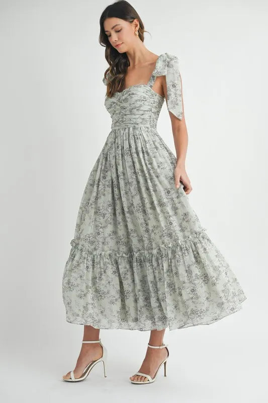 Floral Bust Ruched Midi Summer Dress with Shoulder Tie - Women's Elegant Party & Beach Vacation Outfit