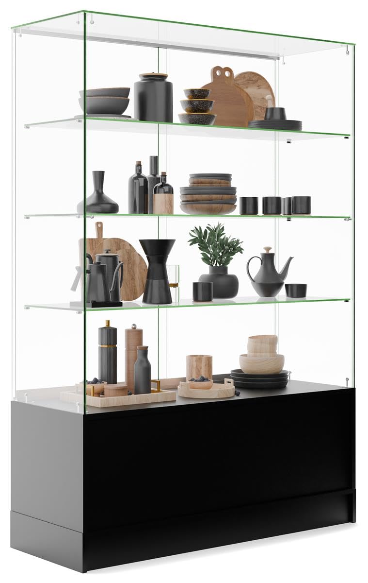 48 Inch Glass Display Cabinet with 3 Adjustable Shelves & Base Storage - Black Sliding Door Showcase for Retail Stores, Home Decor & Collectibles Display