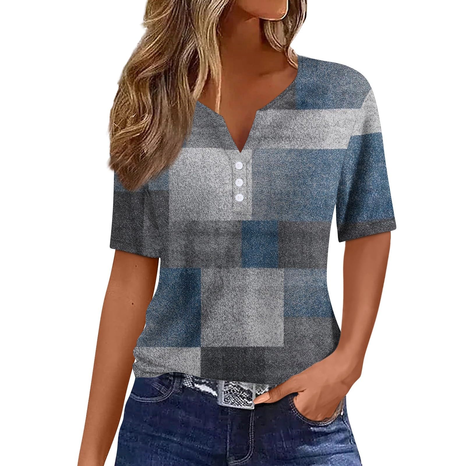Women's Tunic Tops - Dressy Button Down Summer V-Neck Shirts & Henley Blouses - Fashion Print Clothes (S-8XL) for Office, Casual Outings & Summer Vacations
