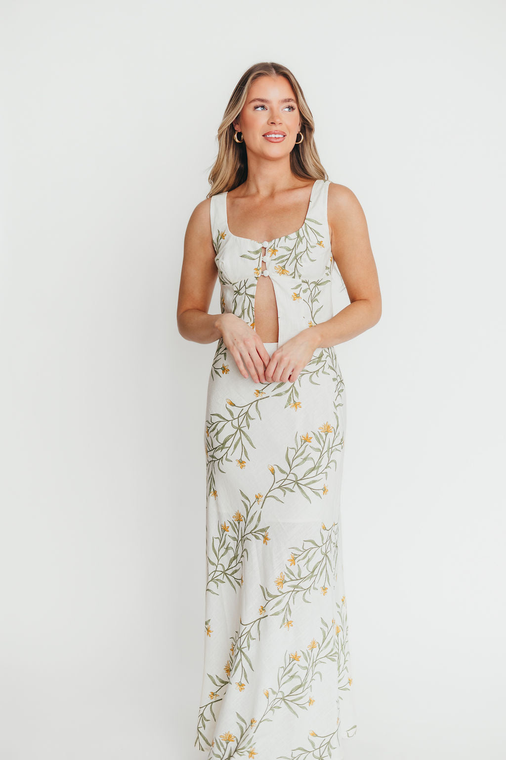 Sawyer Vest Tank and Maxi Skirt Set - Cream Floral Print Women's Two Piece Outfit for Summer, Beach, and Casual Wear