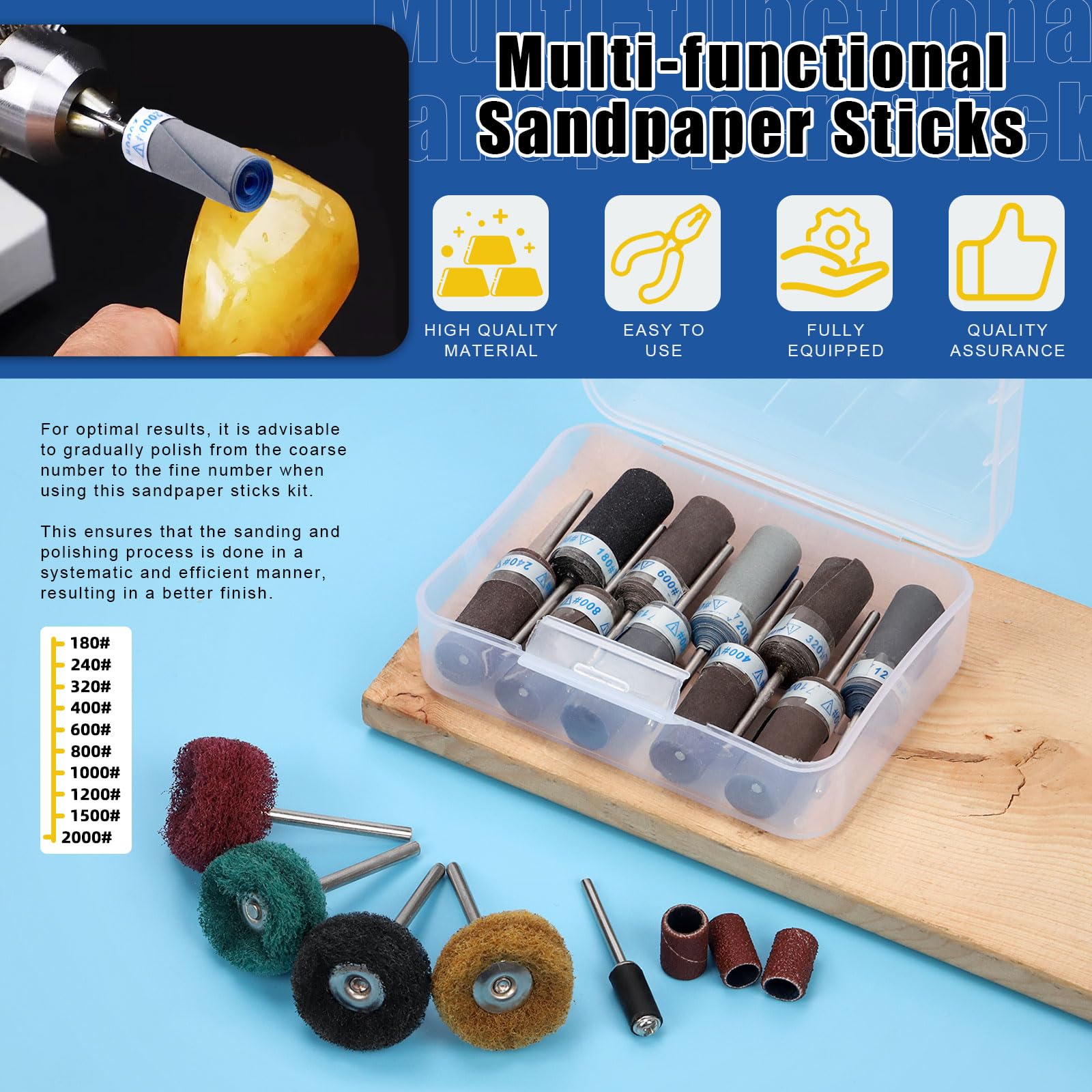 Glarks 18-Piece Sanding Drum and Sleeve Set - 10 Sandpaper Bar Sticks, 4 Abrasive Buffing Wheels, 1 Drum Mandrel & 3 Sand Drums for Electric Grinder | Wood Carving, Metal Polishing & DIY Projects