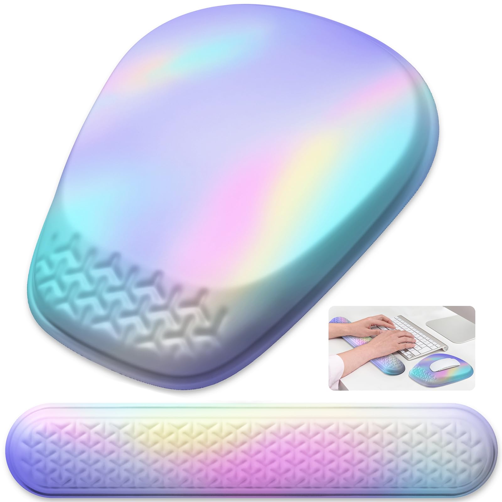 Ergonomic Mouse Pad with Memory Foam Wrist Rest - Comfortable Keyboard & Mouse Pad Set for Pain Relief, Gradient Blue Pink - Perfect for Office, Gaming & Long Computer Work Sessions
