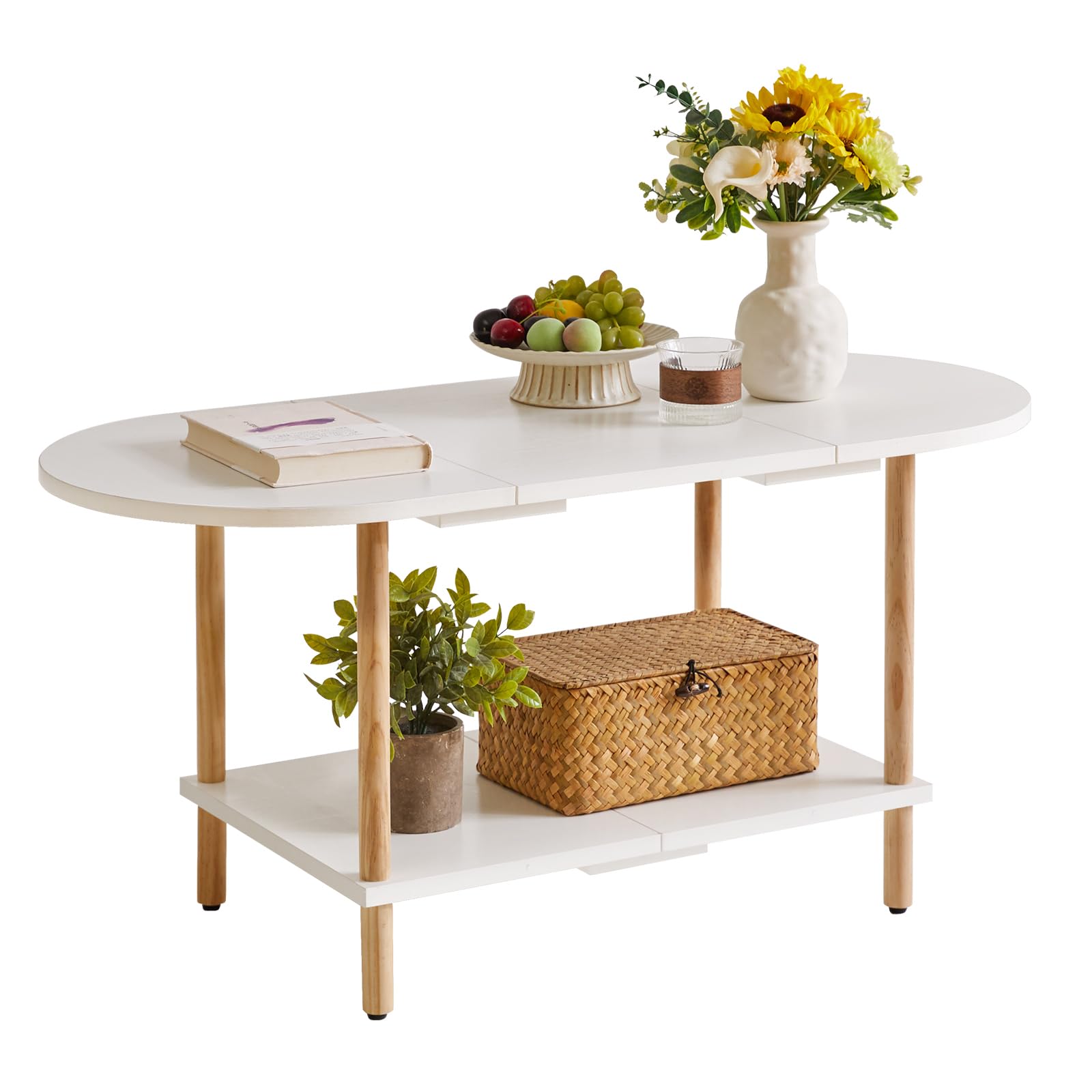 White Oval Coffee Table - Small Wooden 2-Tier Center Table with Splicing Design (35x16x17 Inches) for Living Room, Compact Spaces & Small Apartments - Perfect for Holding Drinks, Books & Decor