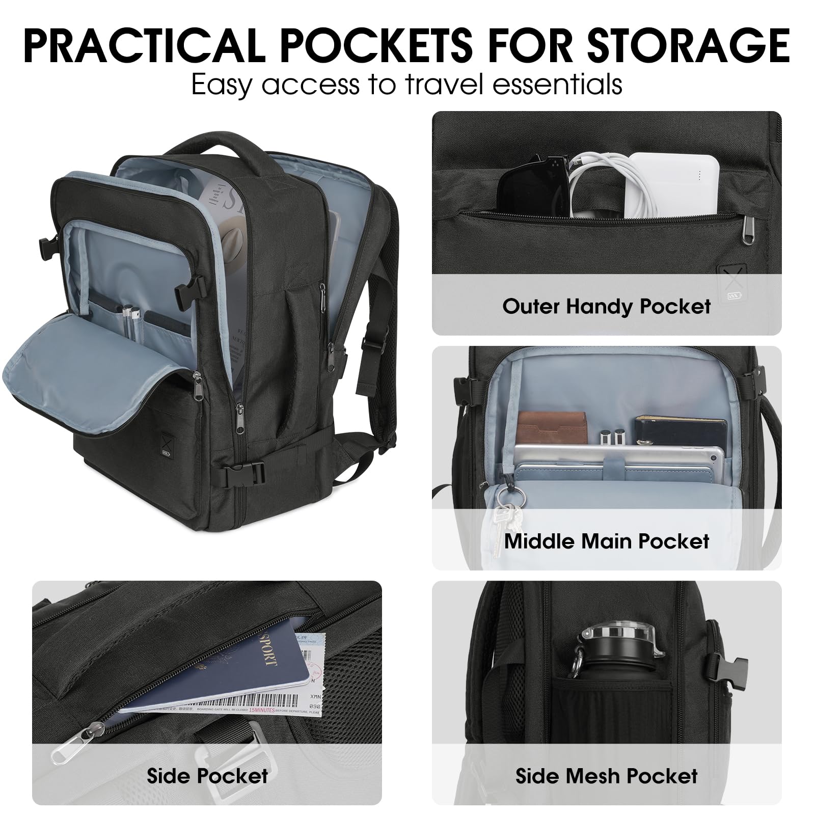 WANDF 18x14x8 Inch Travel Backpack - Approved Spirit Airlines Personal Item Bag with Wet Pocket & Laptop Compartment | 17 Inch Laptop Backpack for Men & Women (Black) | Perfect for Air Travel, Commuting & Business Trips