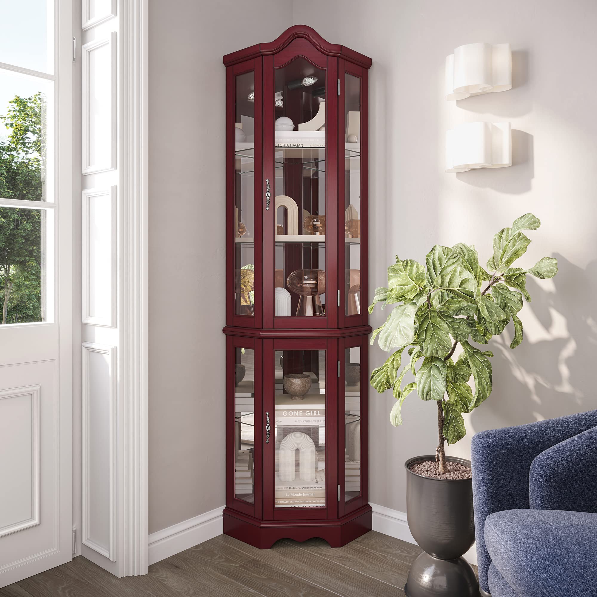 BELLEZE Lighted Corner Display Curved Top Curio Cabinet - Wooden Shelving Unit with Tempered Glass Door, 5 Adjustable Shelves for Bar & Liquor Storage - Perfect for Living Room, Dining Room or Home Office Decor - Loraine Cherry Finish