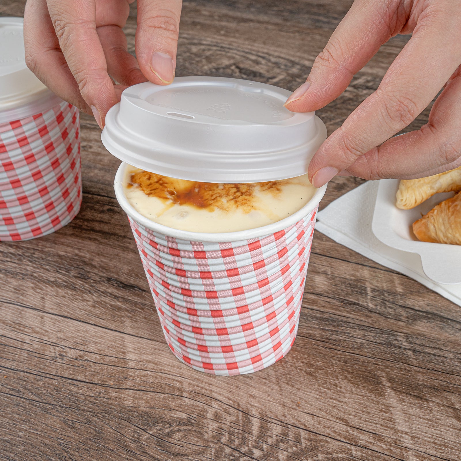 8 oz Disposable Paper Coffee Cups with Picnic Print - Spiral Wall Design - 3.5