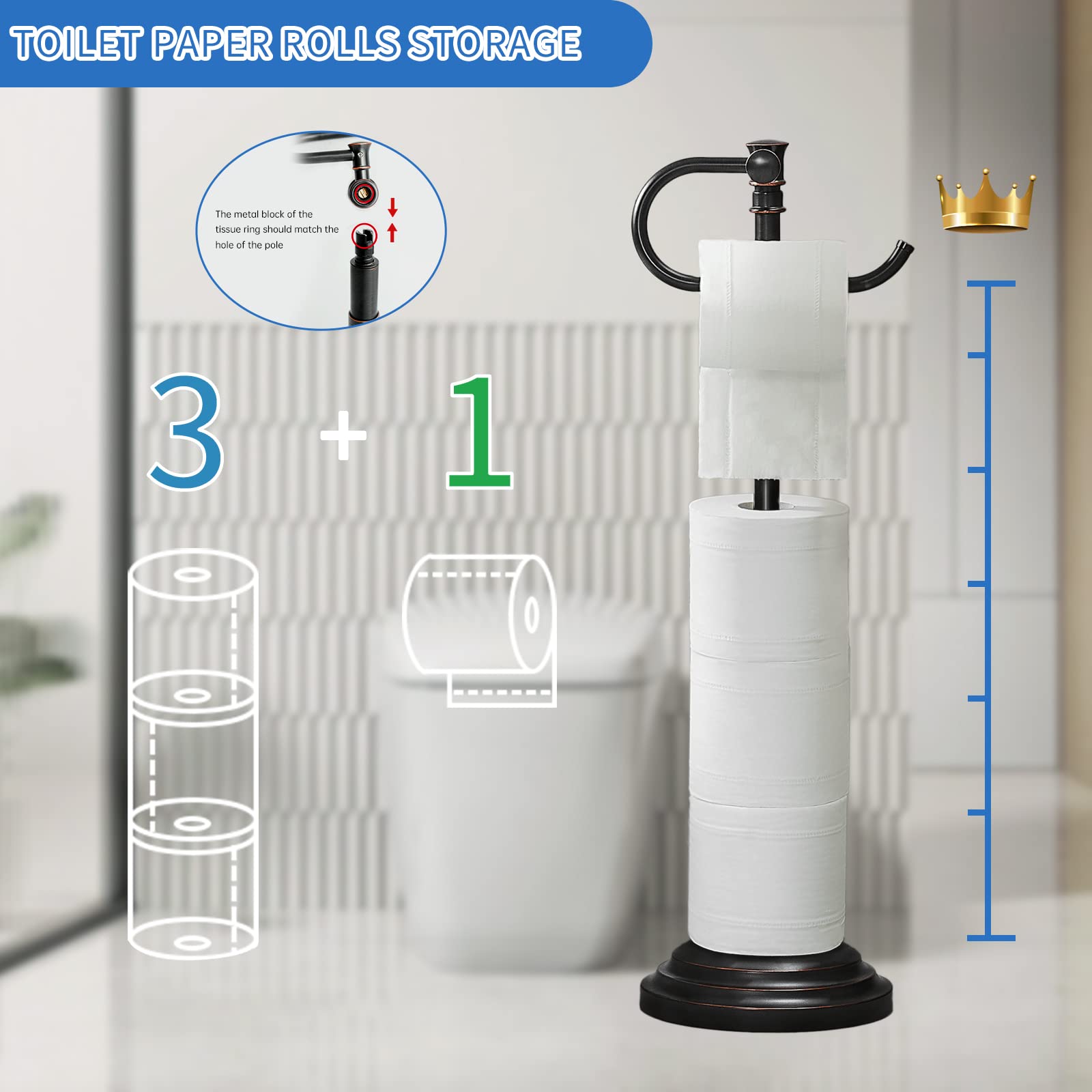 RUMOSE Free Standing Toilet Paper Holder Stand - Adjustable Floor Toilet Tissue Dispenser (12.4