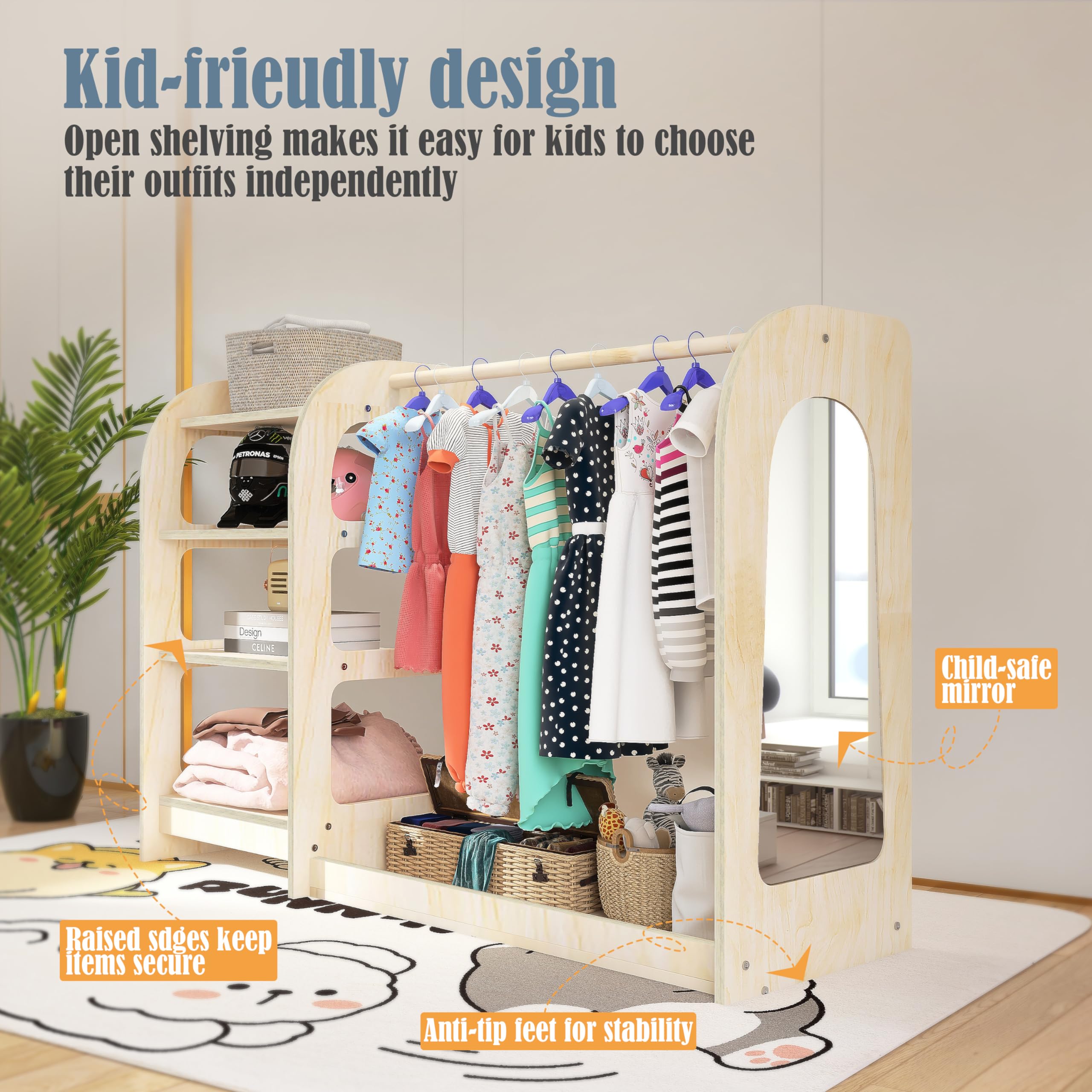 Wooden Kids Dress Up Storage Rack with Mirror & Shelf - Wardrobe Closet for Girls & Boys - Perfect for Bedroom, Playroom & Birthday Gift