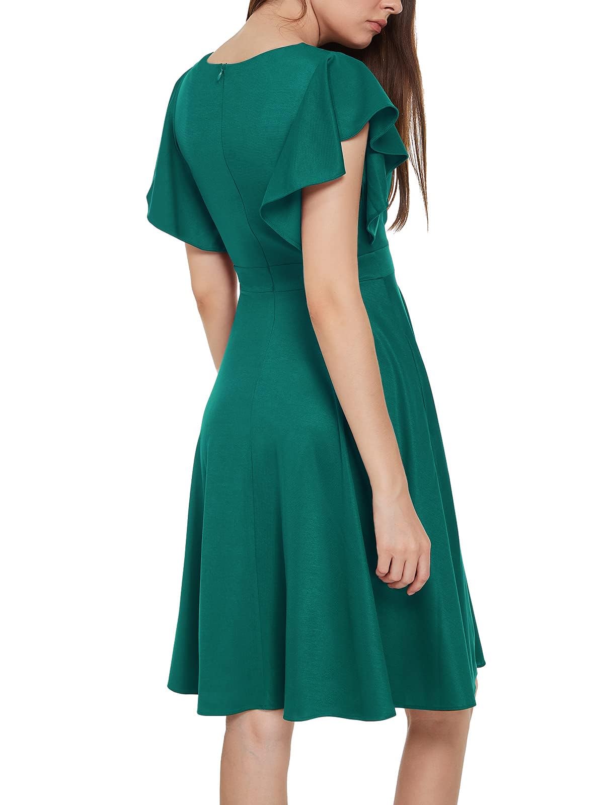 Elegant Women's Cocktail Wrap Dress - V Neck Ruffle Short Sleeve A-Line Midi Dress with Pockets for Wedding Guest, Work & Formal Events | Perfect for Parties, Office & Special Occasions