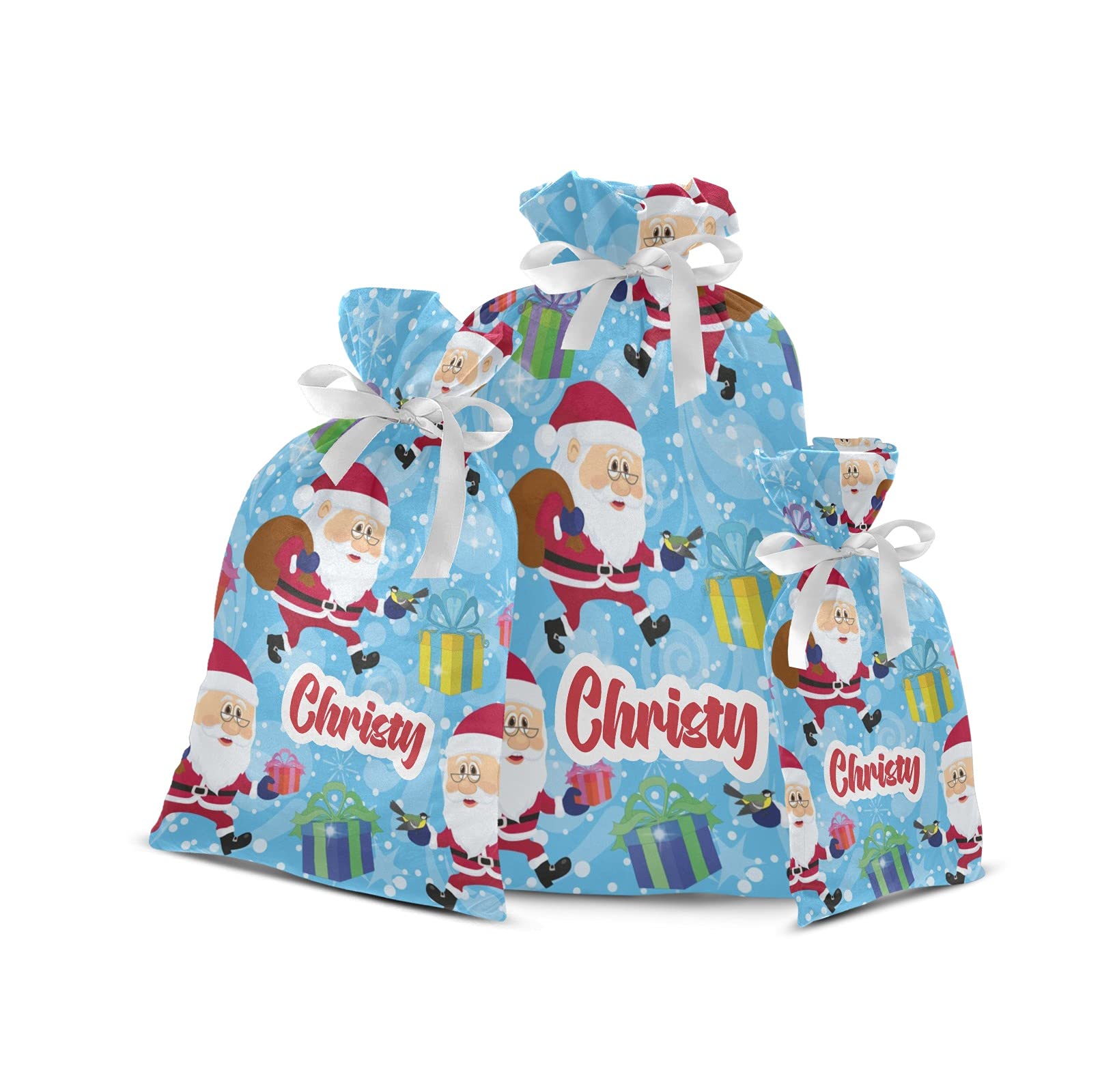 Personalized Blue Christmas Santa Claus Gift Bags - Assorted Sizes with Custom Name for Holiday Presents, Candy & Toy Packaging - Perfect for Christmas Party Favors, Stocking Stuffers & Festive Decorations