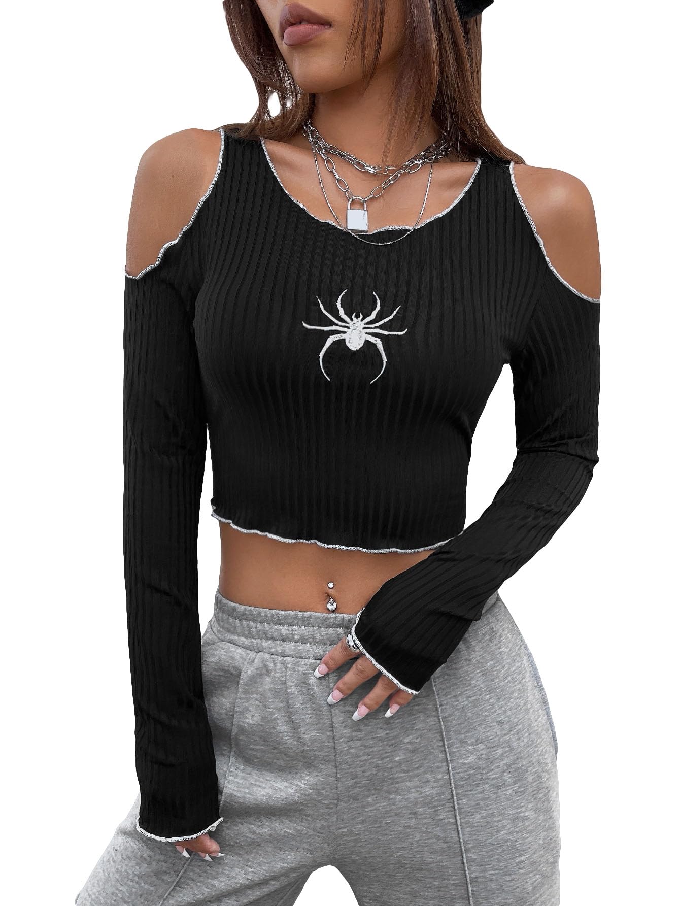 GORGLITTER Women's Y2K Graphic Cold Shoulder Long Sleeve Crop Top - Rib Knit Tee for Casual Wear, Parties & Night Out | Trendy Streetwear Fashion Top