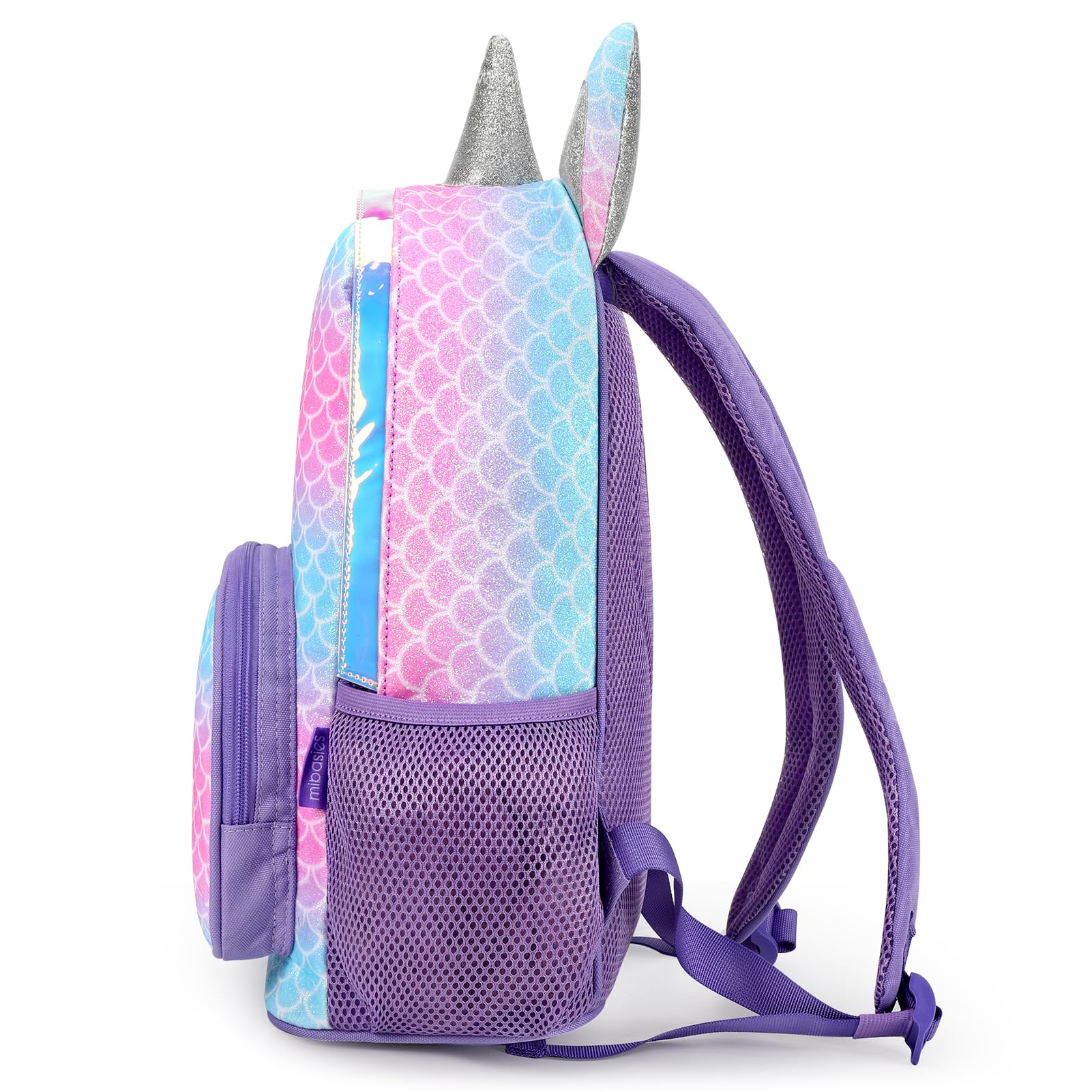 Mibasies Unicorn Backpack for Girls - Glitter Rainbow School Bookbag with Mermaid Design, Durable Kids Backpack for Elementary School, Travel & Daily Use (Purple)
