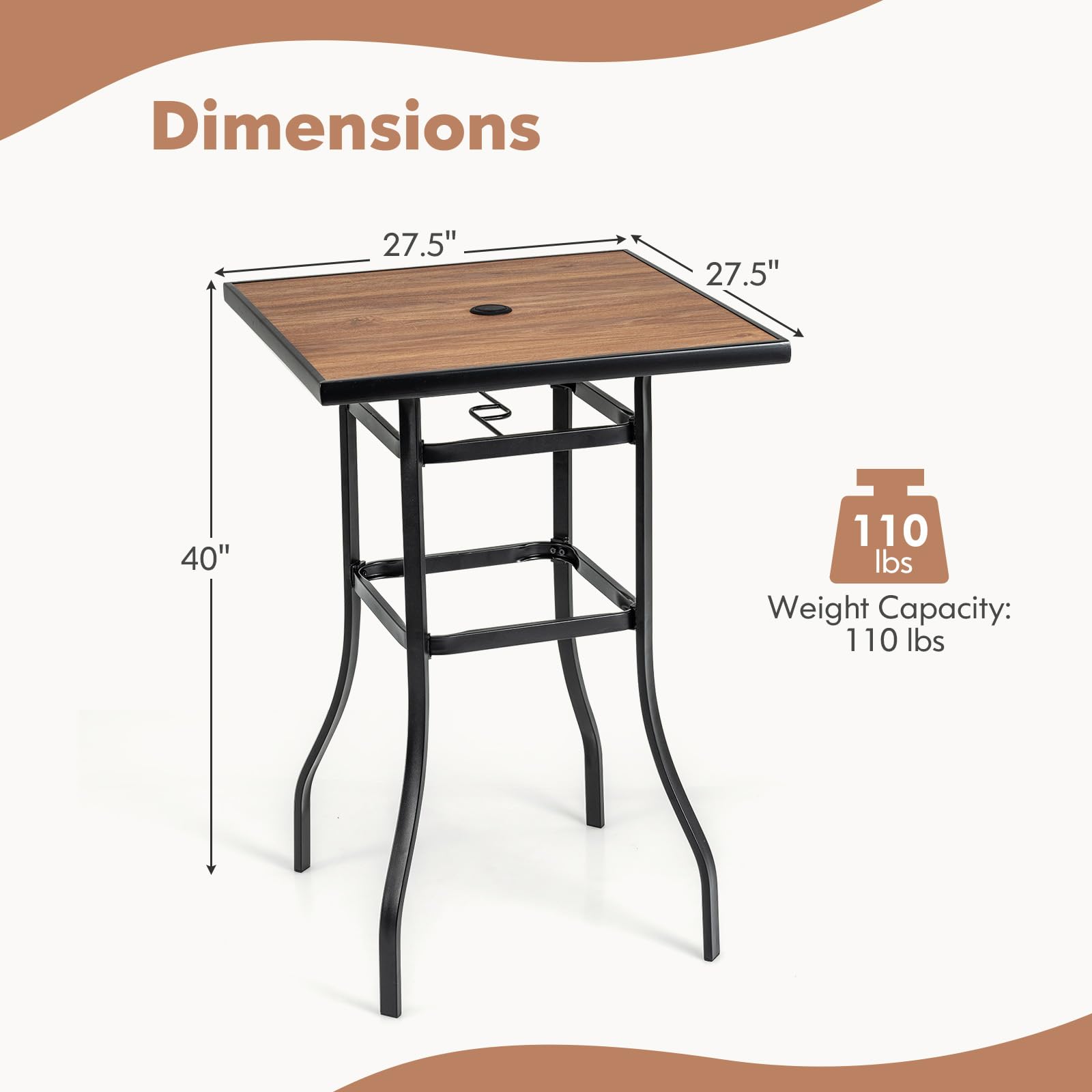 Tangkula 27.5 Inch Outdoor Bar Table - Square Patio High Top Table with 1.5