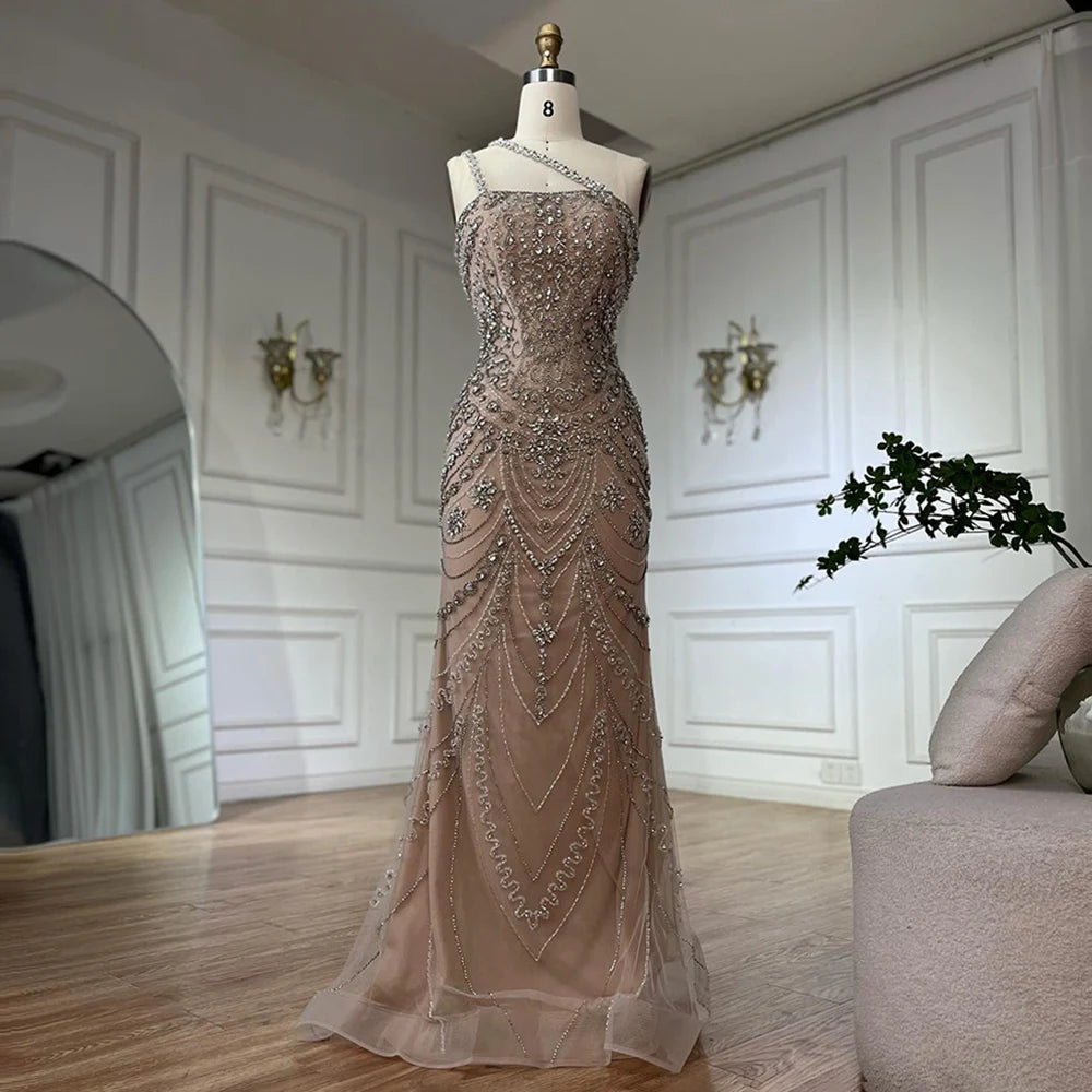 Elegant Nude One Shoulder Beaded Evening Dress - Luxury Dubai Style Formal Gown LA72791 for Prom, Wedding & Red Carpet Events