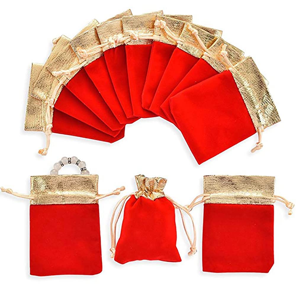 50PCs Soft Velvet Drawstring Pouches with Gold Trim - Jewelry Gift Bags for Wedding, Party Favors, Candy, Cosmetics & Small Keepsakes - Elegant Packaging for Special Occasions
