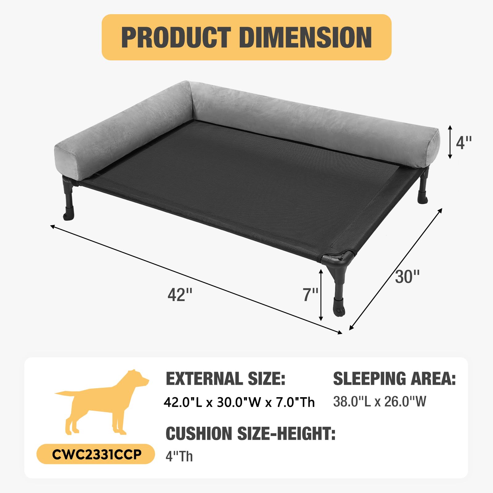 Veehoo Elevated Cooling Dog Bed - Breathable Mesh Raised Cot for Large Dogs, Outdoor & Indoor Use with No-Slip Feet & Removable Bolster - 42 x 30 Inch Black - Perfect for Patio, Backyard, or Living Room Comfort