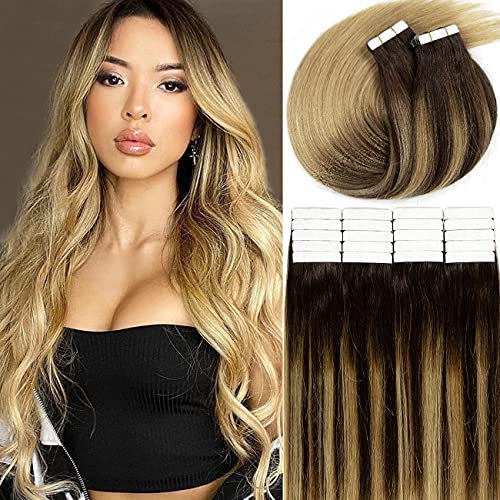 20 Inch Human Hair Tape-In Extensions - 100% Real Remy Hair, Straight Skin Weft, Balayage Dark Brown to Ash Blonde (#2/18) - 20PCS 50G - Perfect for Daily Styling, Volume Boost & Special Occasions