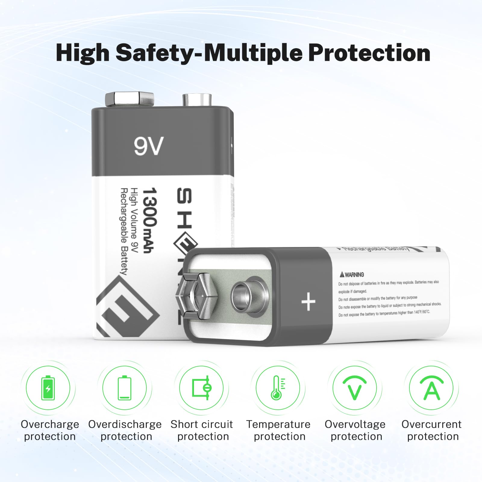 9V Rechargeable Lithium-ion Batteries 8 Pack - 1300mAh High Capacity, 2-in-1 USB-C Fast Charging for Smoke Detectors, Alarms, Microphones & More | Long Lasting Power for Home Security, Music Equipment & Electronic Devices
