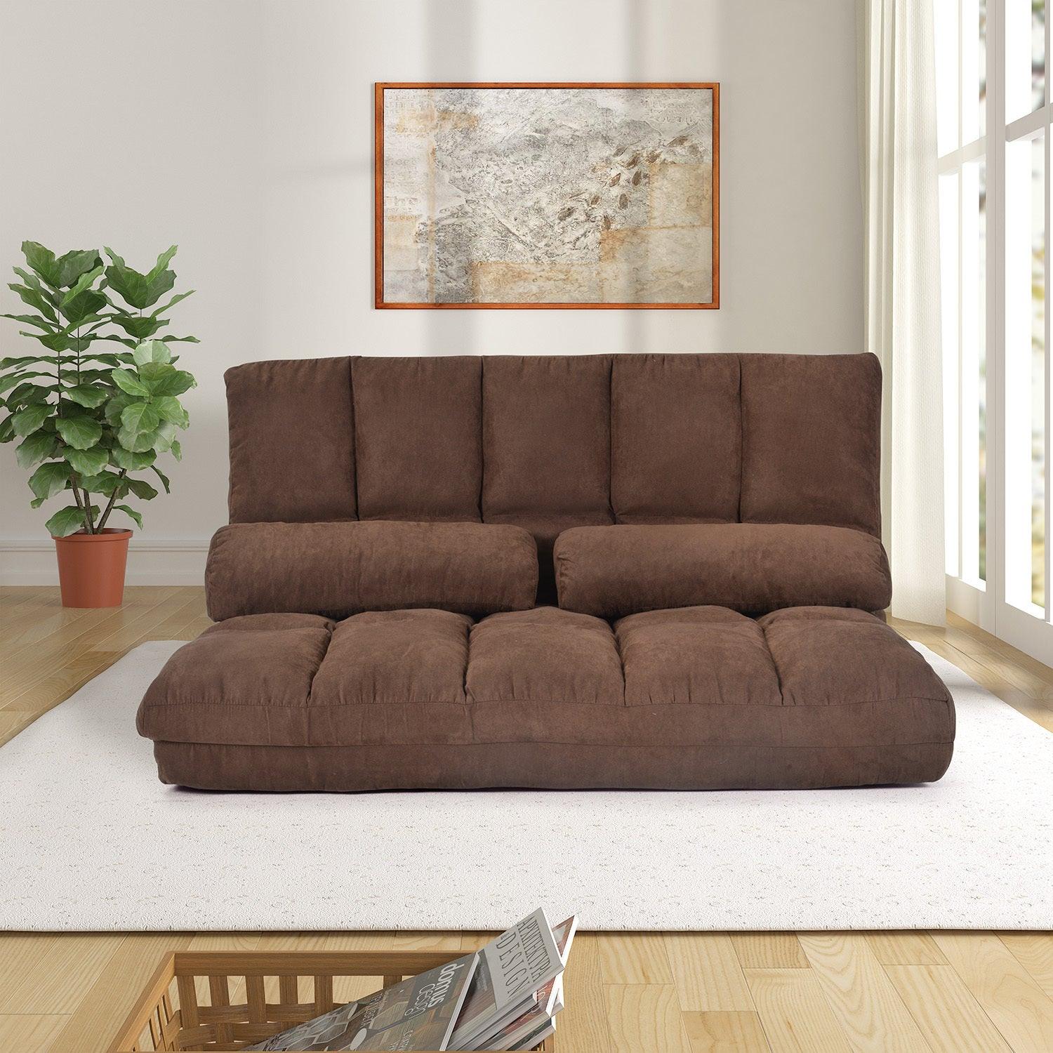 Double Chaise Lounge Sofa - Modern Floor Couch with 2 Pillows, Brown - Perfect for Living Room, Bedroom or Patio Relaxation