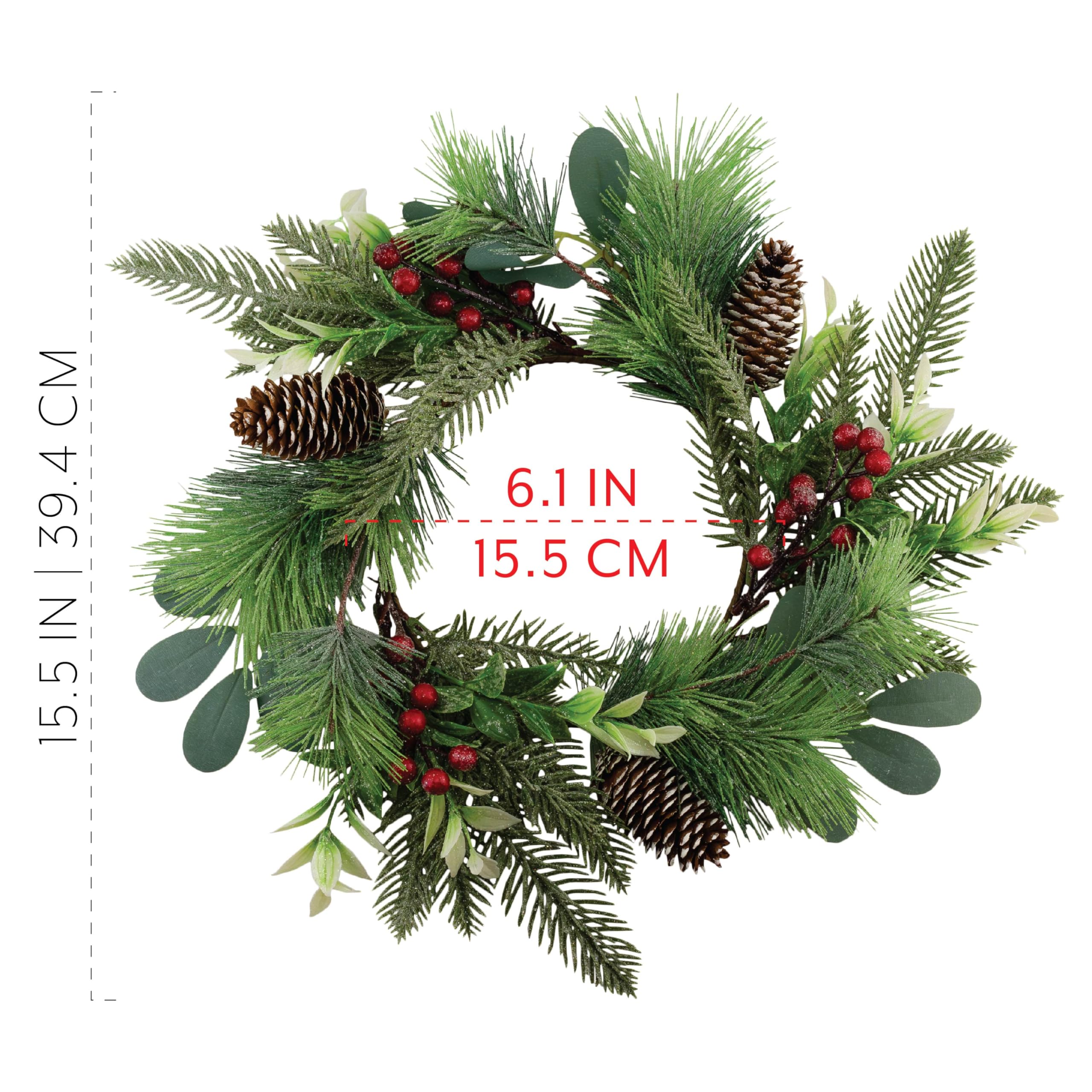 AuldHome Christmas Greenery Candle Wreaths (2-Pack, Evergreen) - Holiday Winter Decorations, Wedding Centerpiece Candle Rings for Fireplace, Table & Door Decor