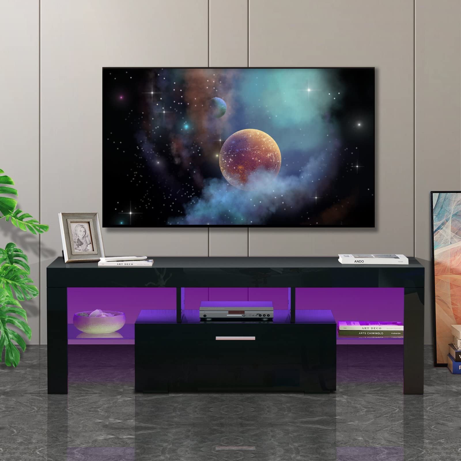 Modern Black TV Stand for 55 Inch TVs - High Glossy Entertainment Center with 16-Color LED Lights, Storage Drawers & Shelves - Corner TV Console Table for Living Room (51