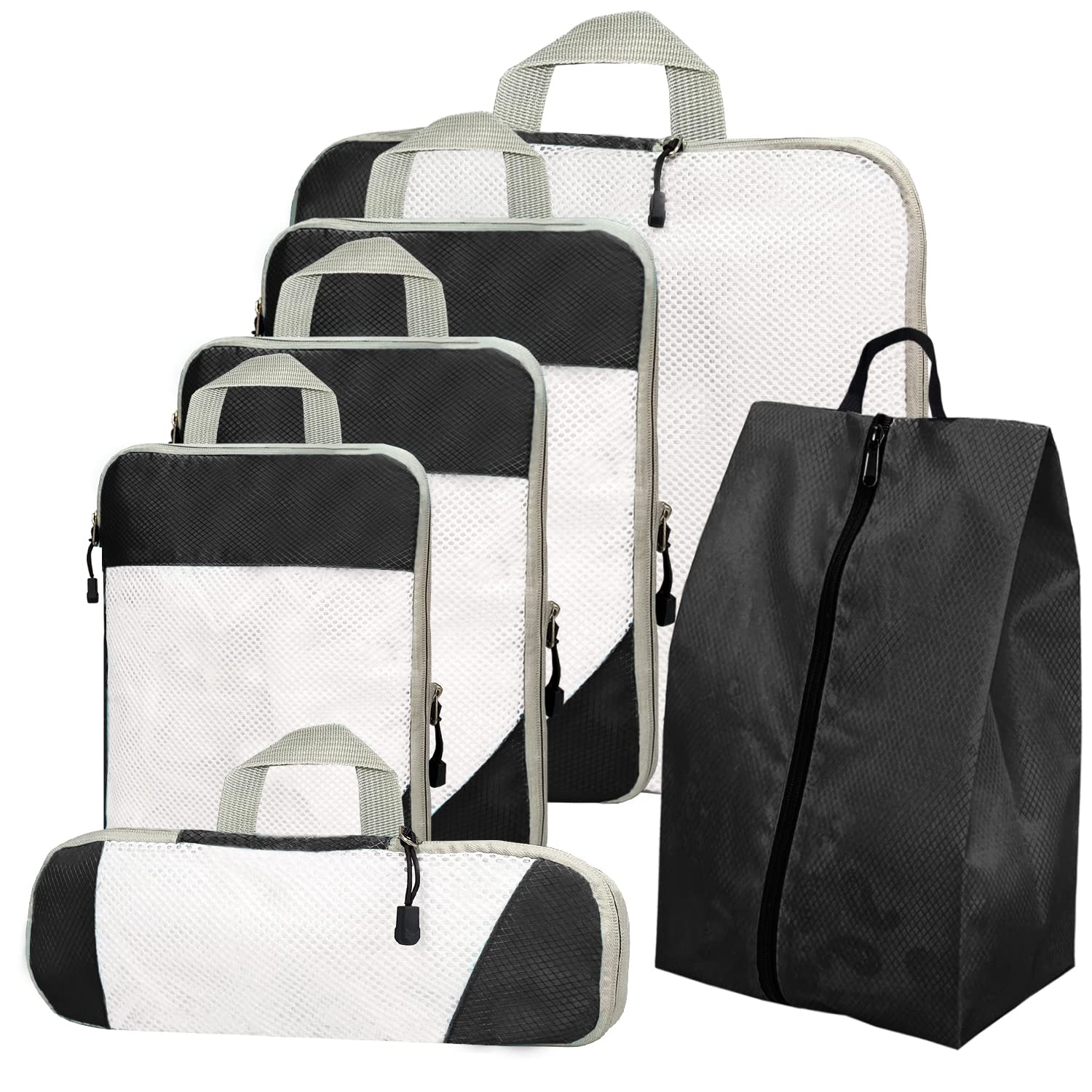 6-Piece Black Compression Packing Cubes Set - Mesh Expandable Luggage Organizers for Travel, Laundry & Shoe Storage - Perfect for Suitcases, Backpacks & Weekend Trips