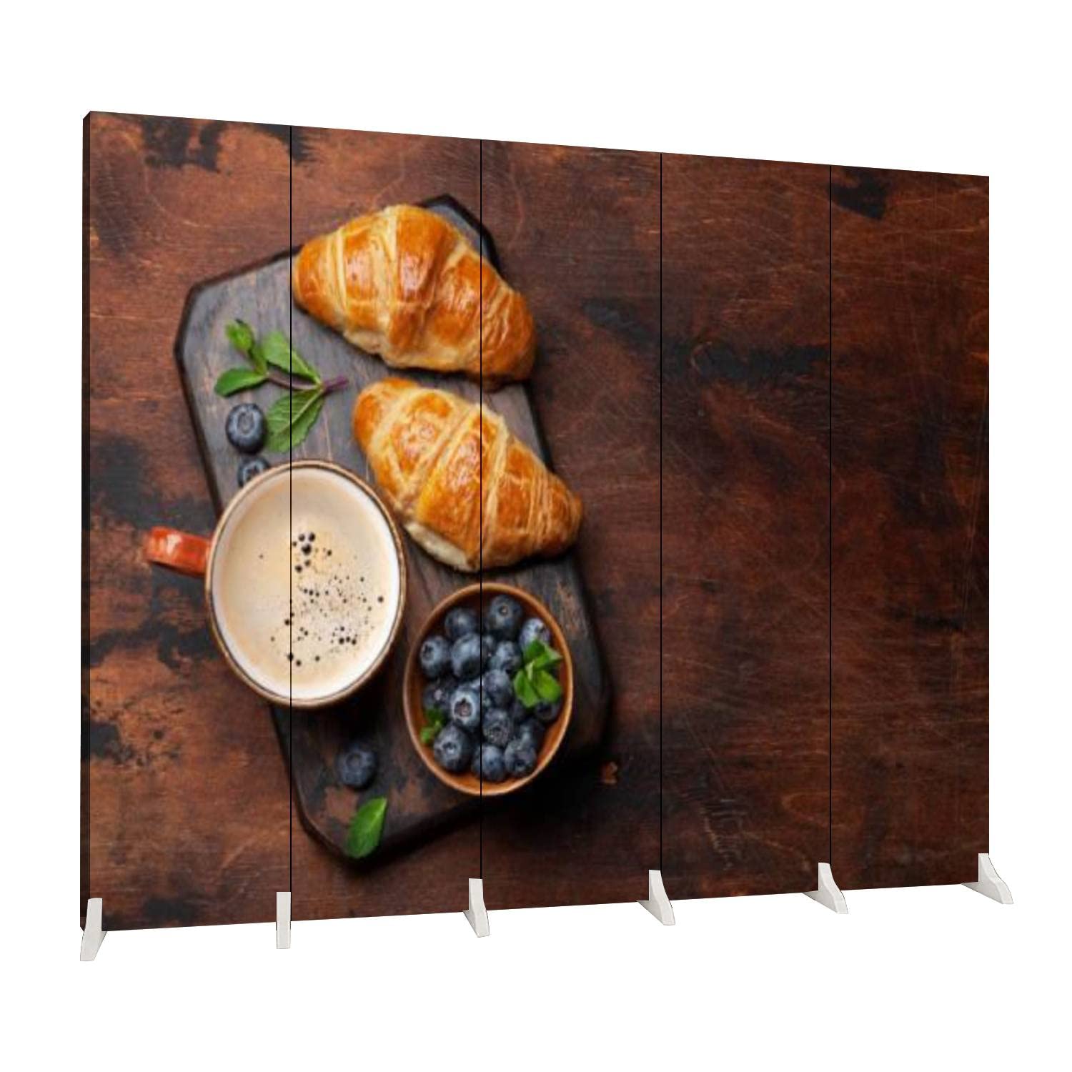 5-Panel Folding Room Divider - Freestanding Privacy Screen for Home & Office - Coffee & Croissants Themed Canvas Partition - Indoor Space Separator & Protective Wall Divider - Perfect for Living Rooms, Bedrooms & Breakfast Areas
