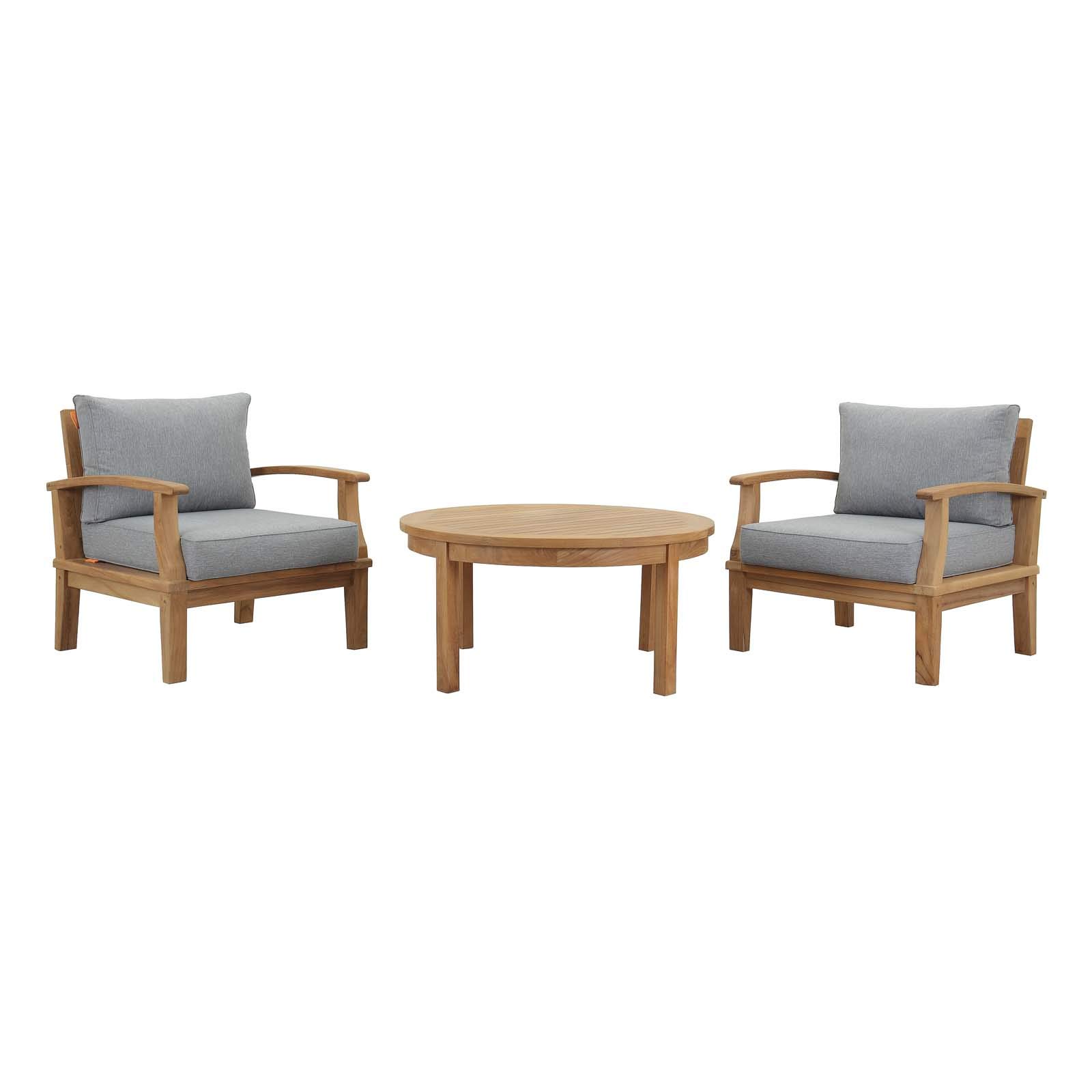 Modern Contemporary Outdoor Patio Furniture Set - 3-Piece Wooden Sofa, Chair & Coffee Table in Gray & Natural Finish for Garden, Backyard or Poolside Relaxation