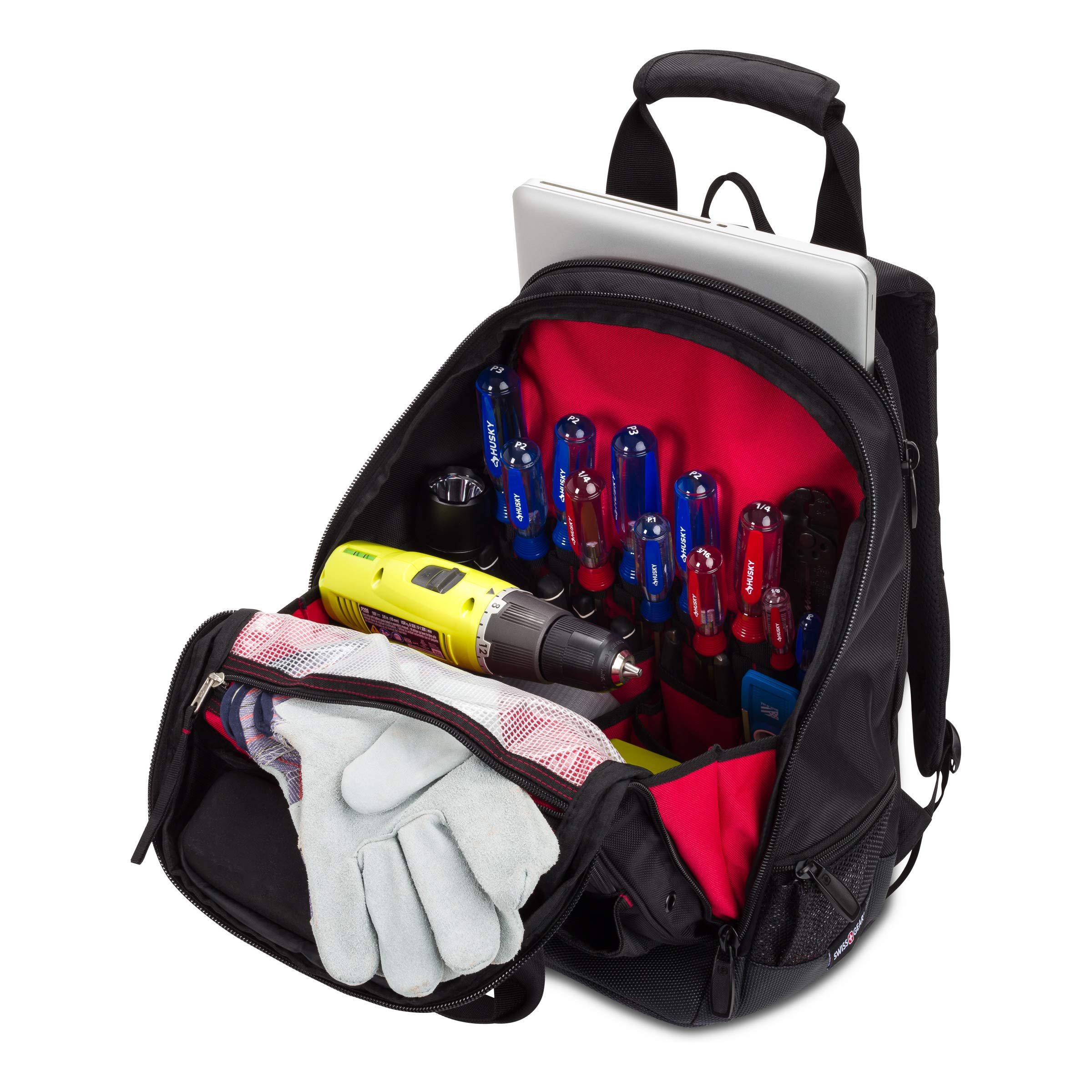 SwissGear Durable Tool Bag Backpack for Professionals - Water-Resistant Work Pack with Laptop Compartment (Fits 15-Inch Laptop) - Ideal for Electricians, Contractors & DIY Projects - Black