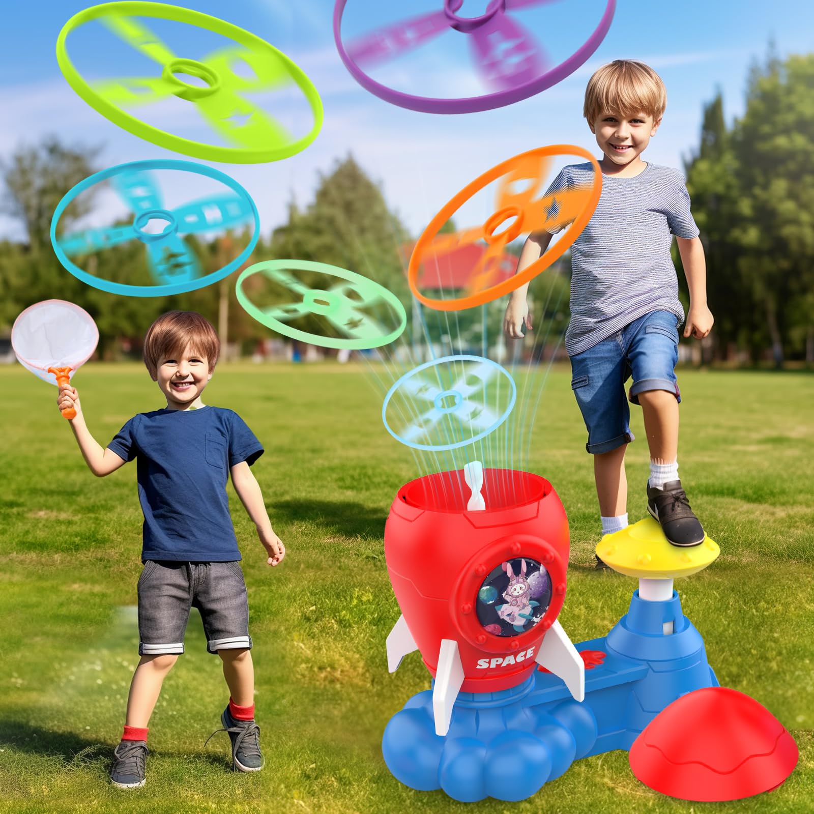 Skirfy Outdoor Flying Disc Launcher Toy Set with Glow-in-the-Dark Discs - Fun Backyard Games for Kids Ages 3-8 - Perfect Easter, Valentine's Day & Birthday Gift for Boys & Girls - Great for Family Outdoor Play, Park Activities & Summer Camp Fun