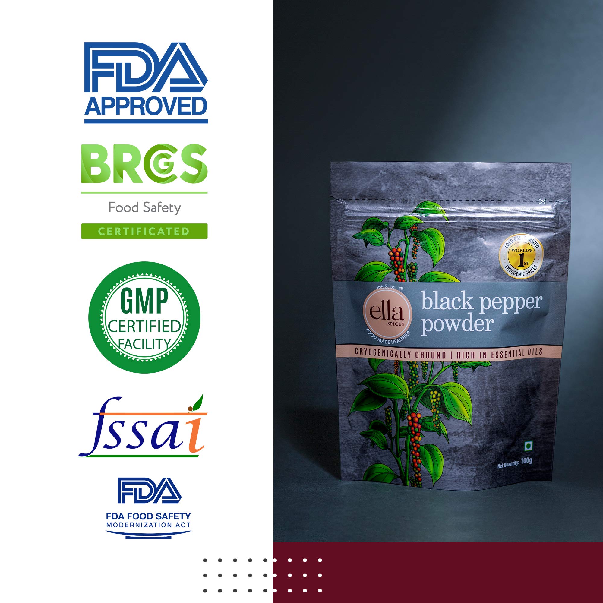 Premium Black Pepper Powder - Ella Foods Spices | Cryogenic Grinding for 2X Aroma & Flavor | 100g Each (Pack of 2) | Perfect for Cooking, Seasoning & Gourmet Recipes