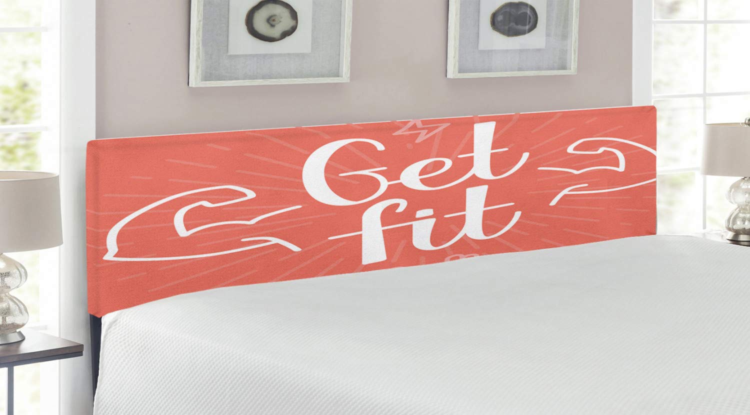 Ambesonne Fitness Headboard - Upholstered Metal Bed Frame with Memory Foam, King Size, Coral & White - Motivational Bodybuilder Design with 'Be Strong' Lettering - Perfect for Home Gym, Bedroom Decor & Fitness Enthusiasts