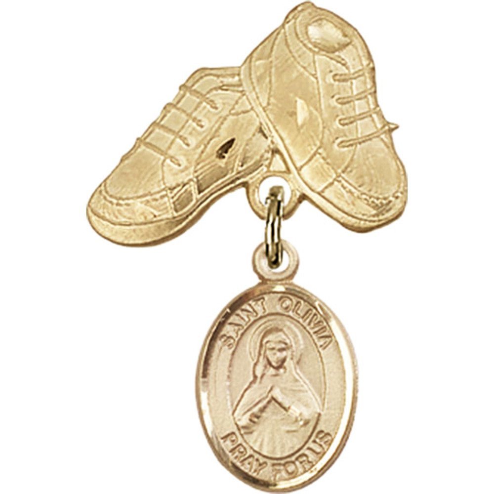 Bonyak Jewelry St. Olivia Gold Filled Saint Medal Charm with Baby Boots Pin - 1 X 5/8 Inch Religious Pendant for Baptism, Christening & First Communion Gifts