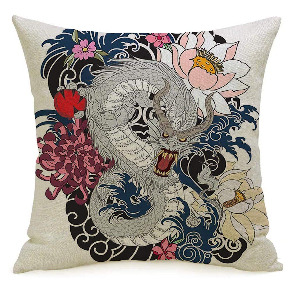 Decorative Throw Pillow Cover 16x16 Inch - Japanese Dragon Tattoo & Peony Design, Red Black Abstract Art, Square Cushion Case for Sofa, Bed, Living Room - Linen Fabric Home Decor Gift for Adults