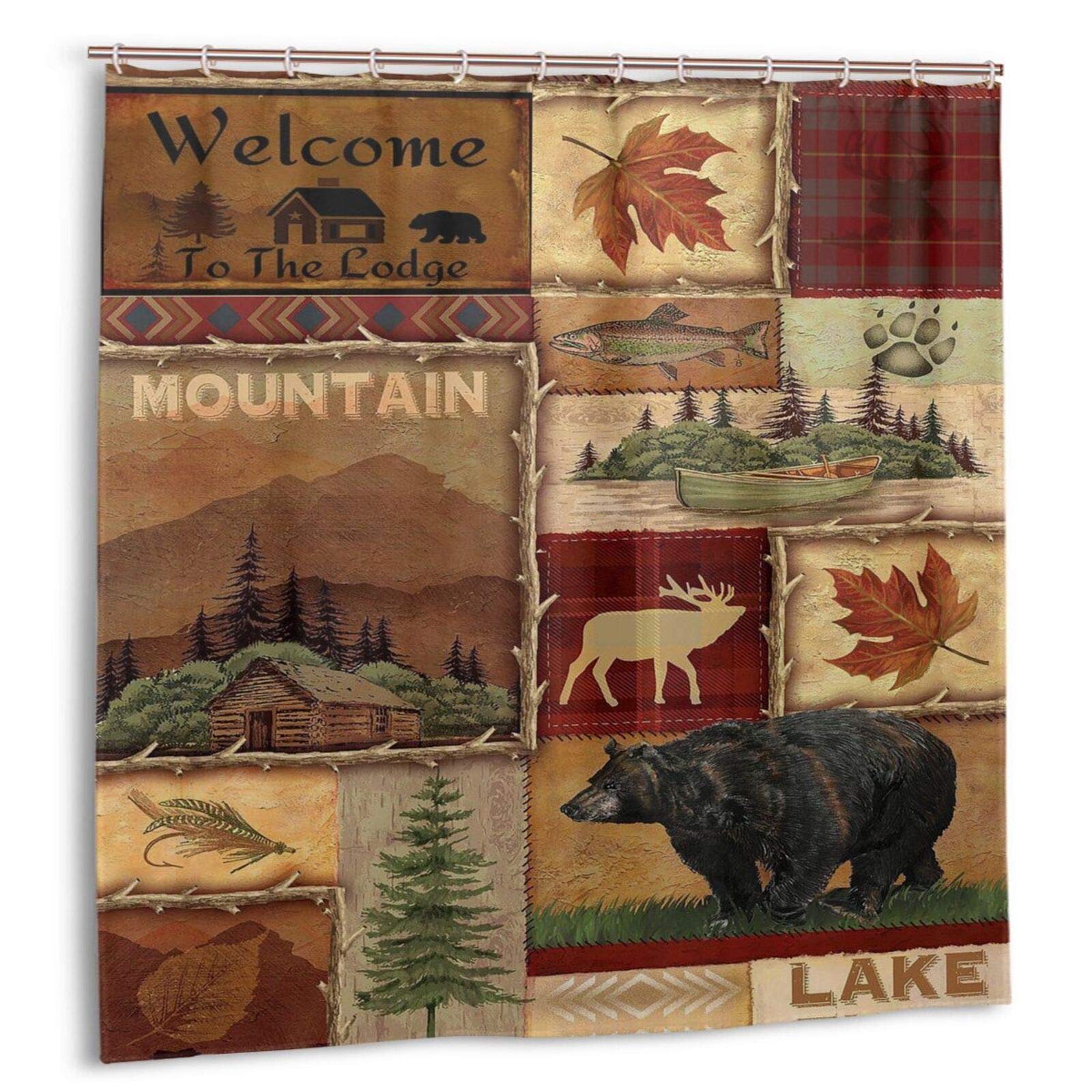 Lodge Bear Moose Waterproof Shower Curtain Set - 72x72 Inch Rustic Bathroom Decor with 12 Hooks, Quick Dry Bath Curtain for Farmhouse & Cabin Style - Perfect for Cozy Cabins, Hunting Lodges and Rustic Bathroom Themes
