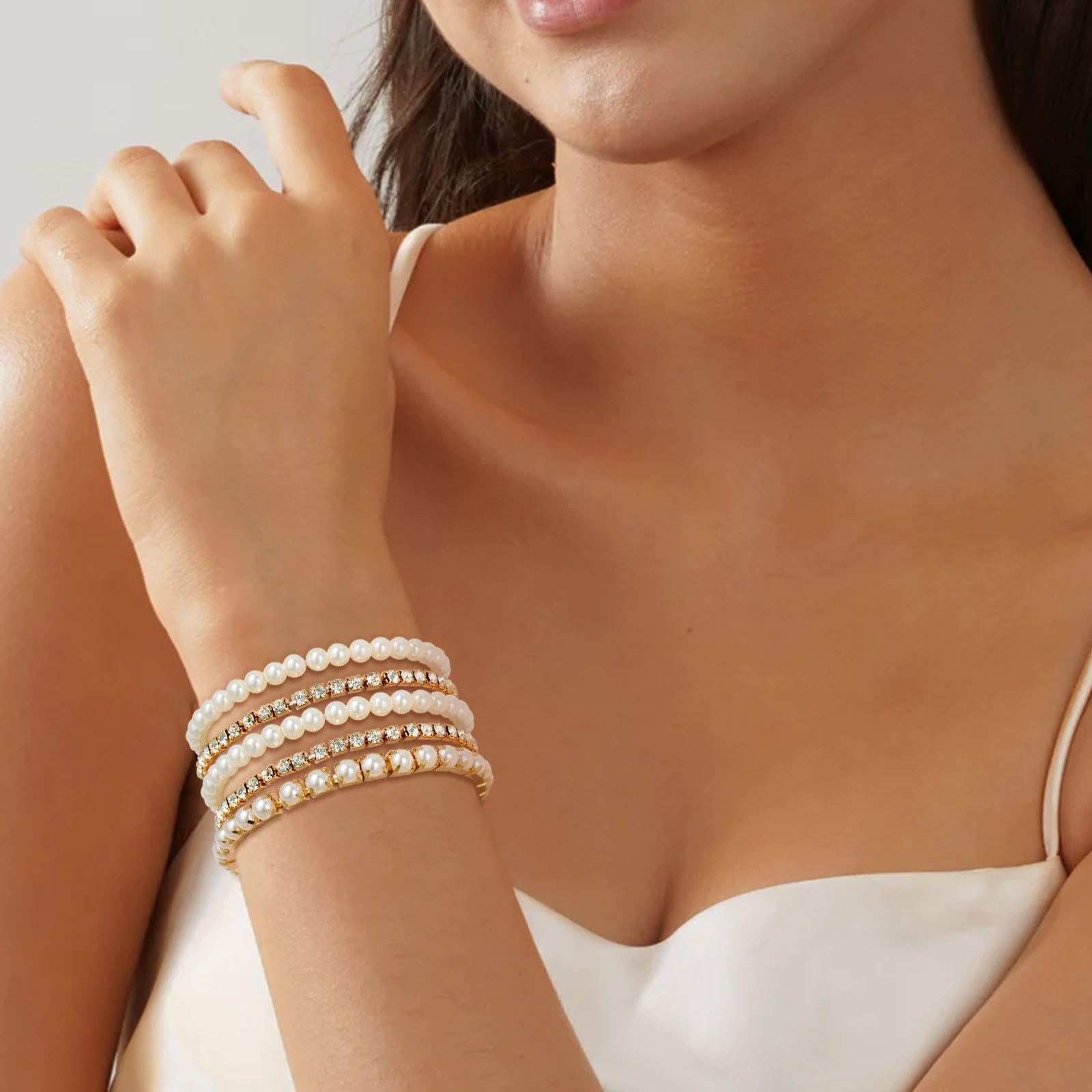 Elegant Pearl Bracelets for Women - Stretch Crystal Rhinestone Beaded Bangle, Stackable Wedding Jewelry for Brides | Perfect for Bridal Accessories, Anniversary Gifts & Formal Occasions