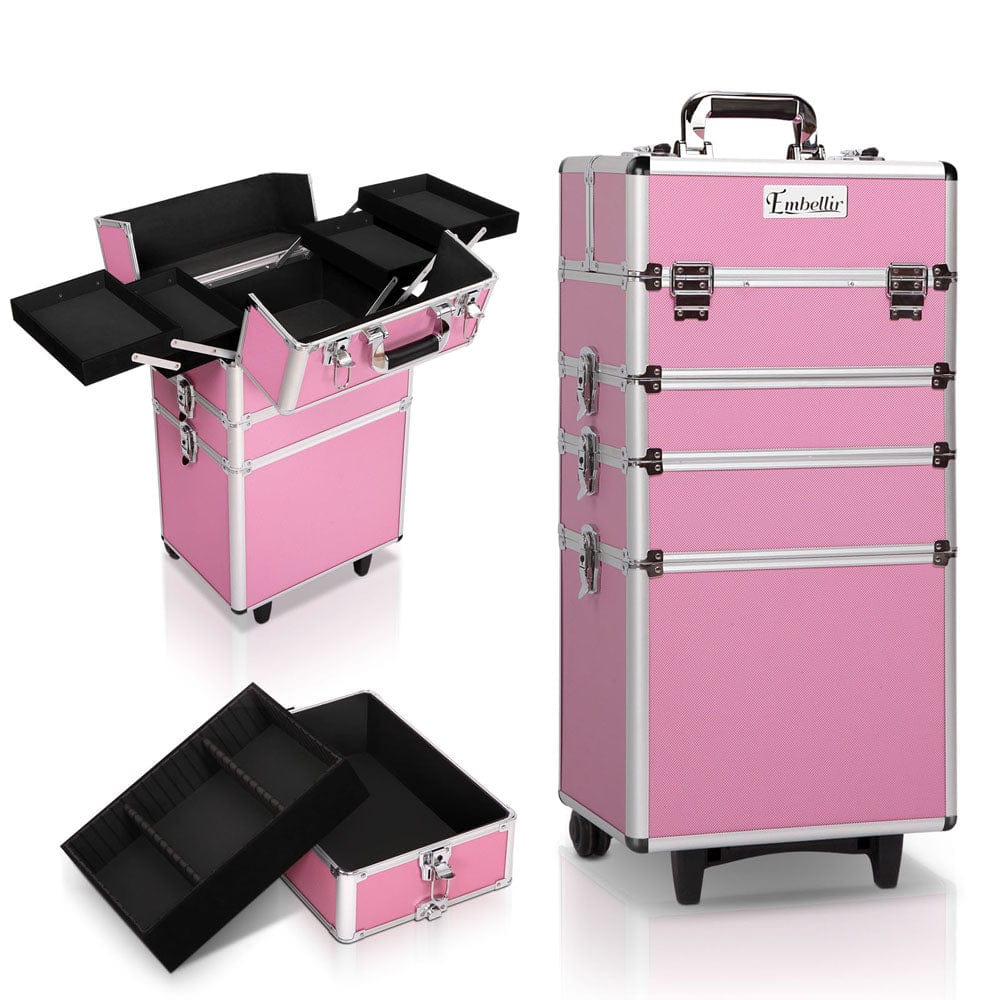 Embellir Professional Makeup Case - Beauty Trolley with Wheels, Large Cosmetic Organizer for Travel, Salon & Home Storage (Pink) | Perfect for Makeup Artists, Beauty Enthusiasts & On-the-Go Professionals