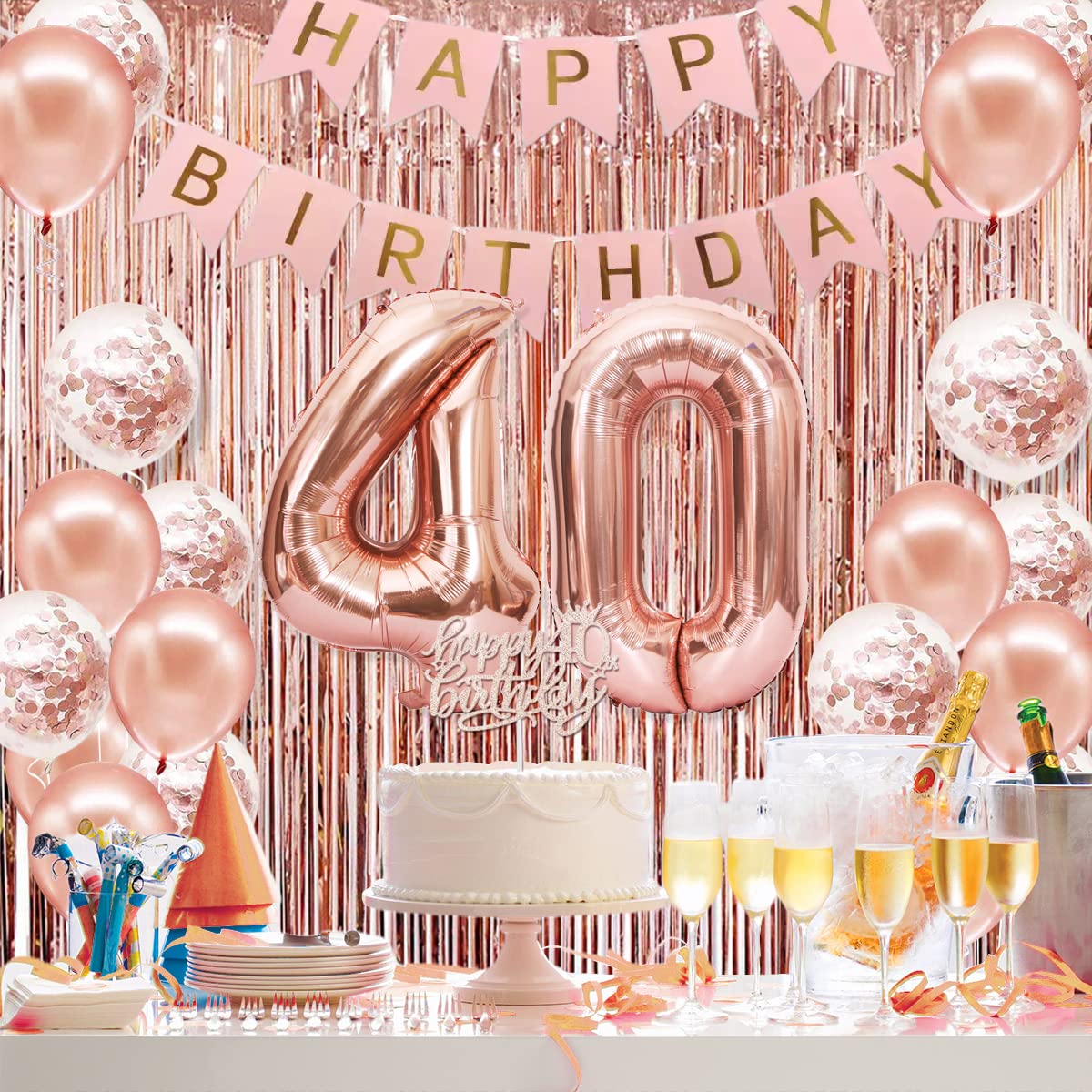 Rose Gold 40th Birthday Party Decorations Set for Women - Banner, Crown, Sash, Cake Topper & Number Balloons - Elegant 40th Birthday Party Supplies for Women's Milestone Celebration - Perfect for Birthday Parties, Surprise Events & Photo Backdrops