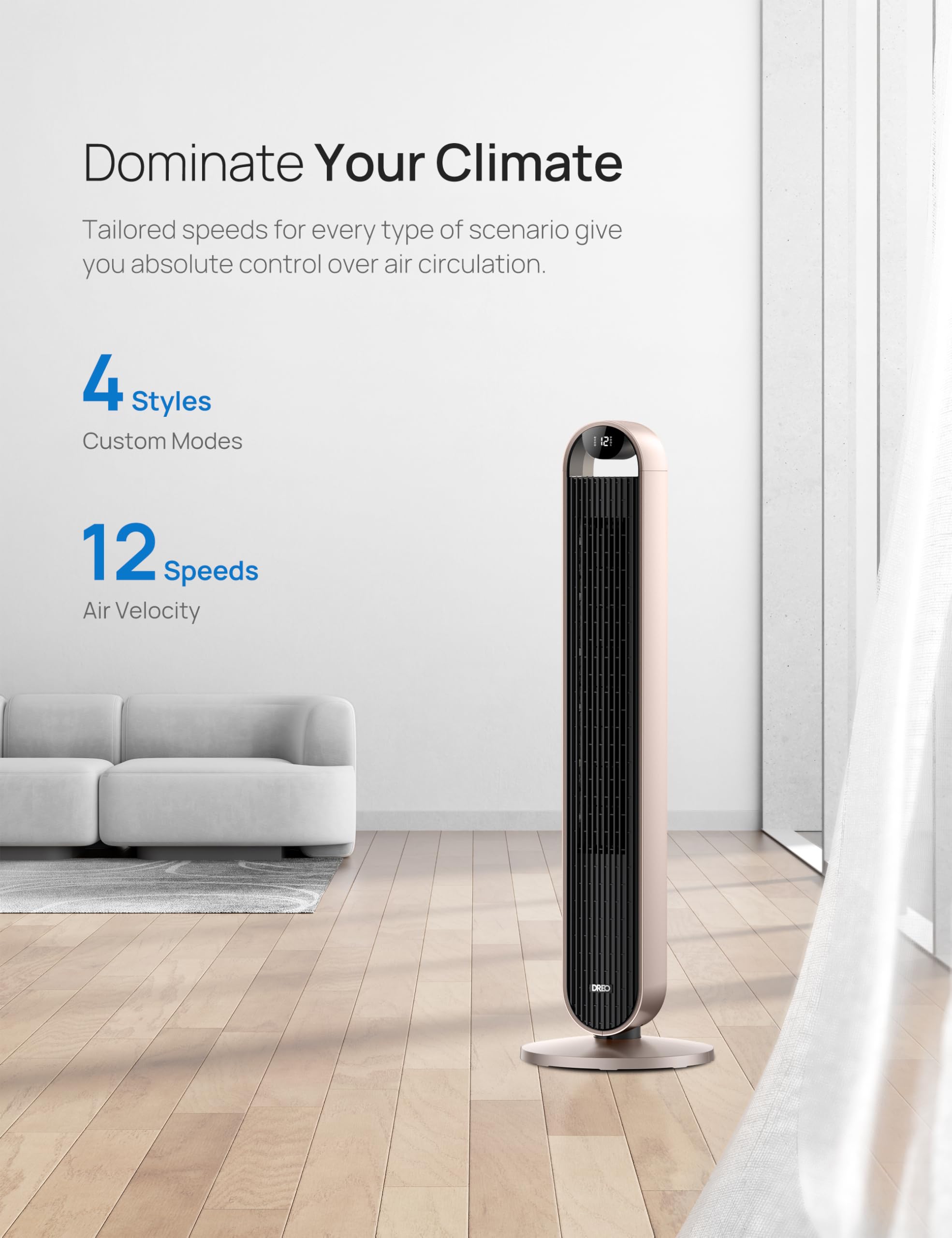 Dreo Smart Tower Fan 42 Inch with Voice Control, 120° Oscillation - Works with Alexa & Google Assistant, 25dB Ultra Quiet DC Bladeless Fan for Bedroom, Office & Home - 12 Speed Settings, Remote & App Control - Perfect for Cooling, Air Circulation & White Noise Sleep Aid