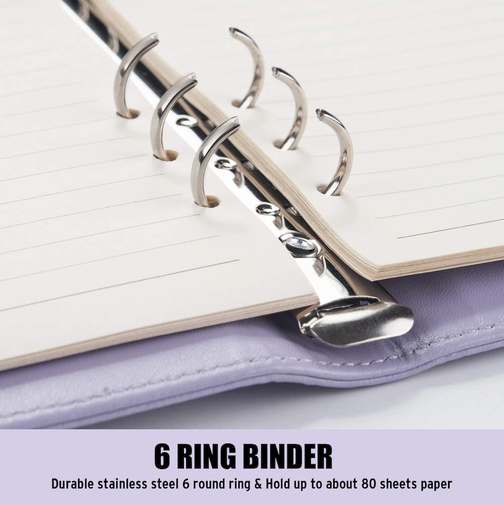 Sooez A5 6-Ring Binder Refillable Notebook Planner Cover - Purple Leather Organizer with Magnetic Buckle for Budgeting, Journaling, Photocard Storage, Recipe Book & Loose Leaf Papers | Perfect for Office, School, Travel & Home Organization
